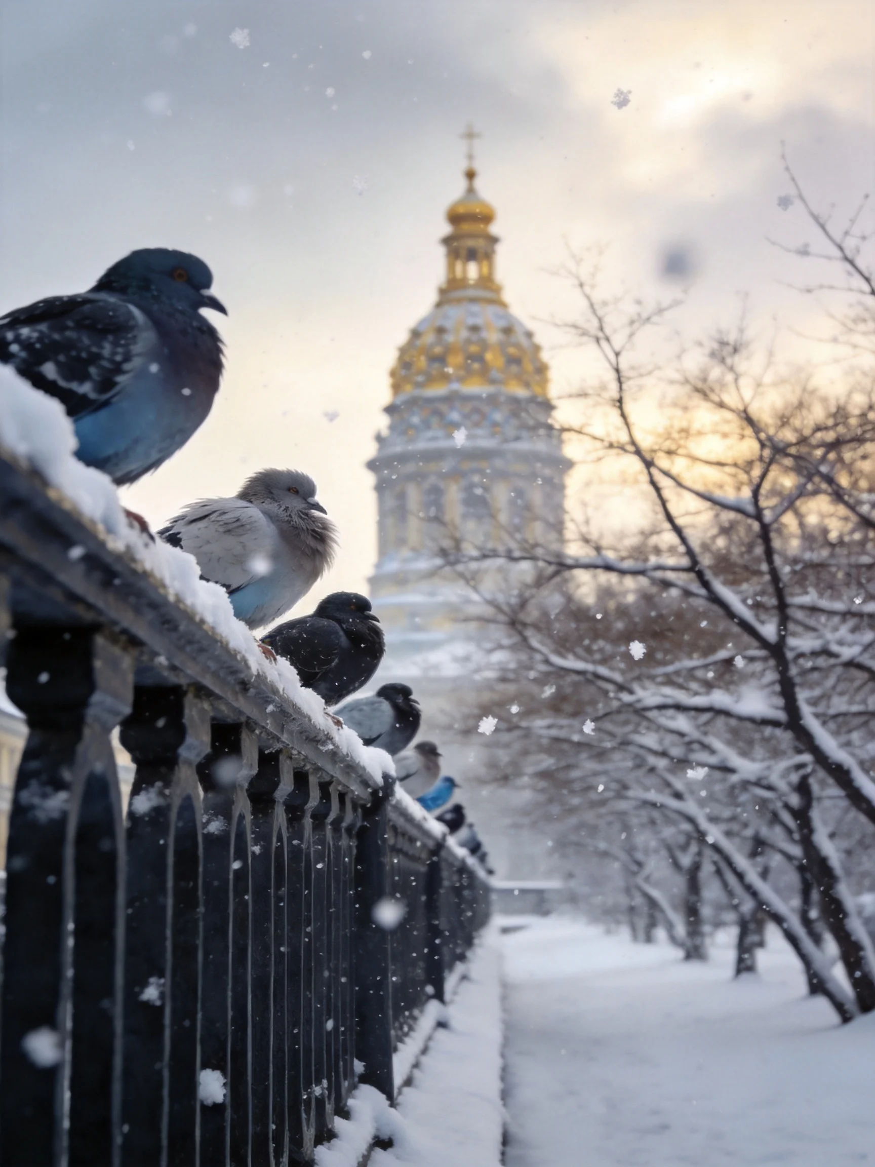 Pigeons perch on a snow-laden fence near a golden-domed cathedral