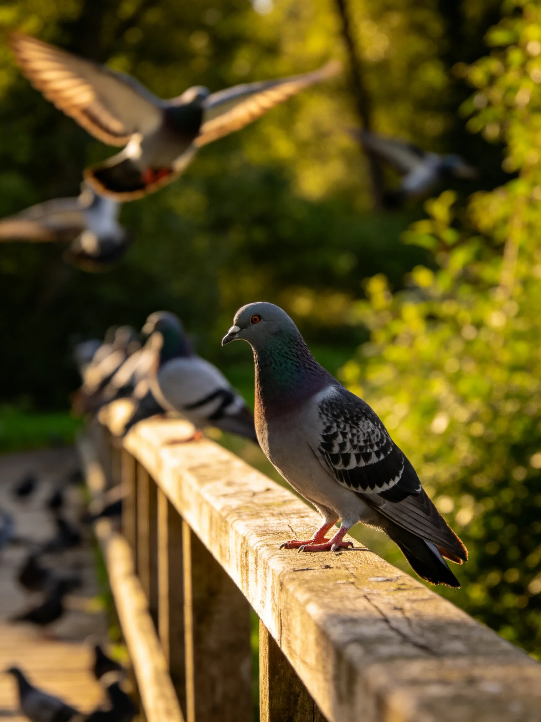 Pigeons perched and flying near a weathered wooden railing