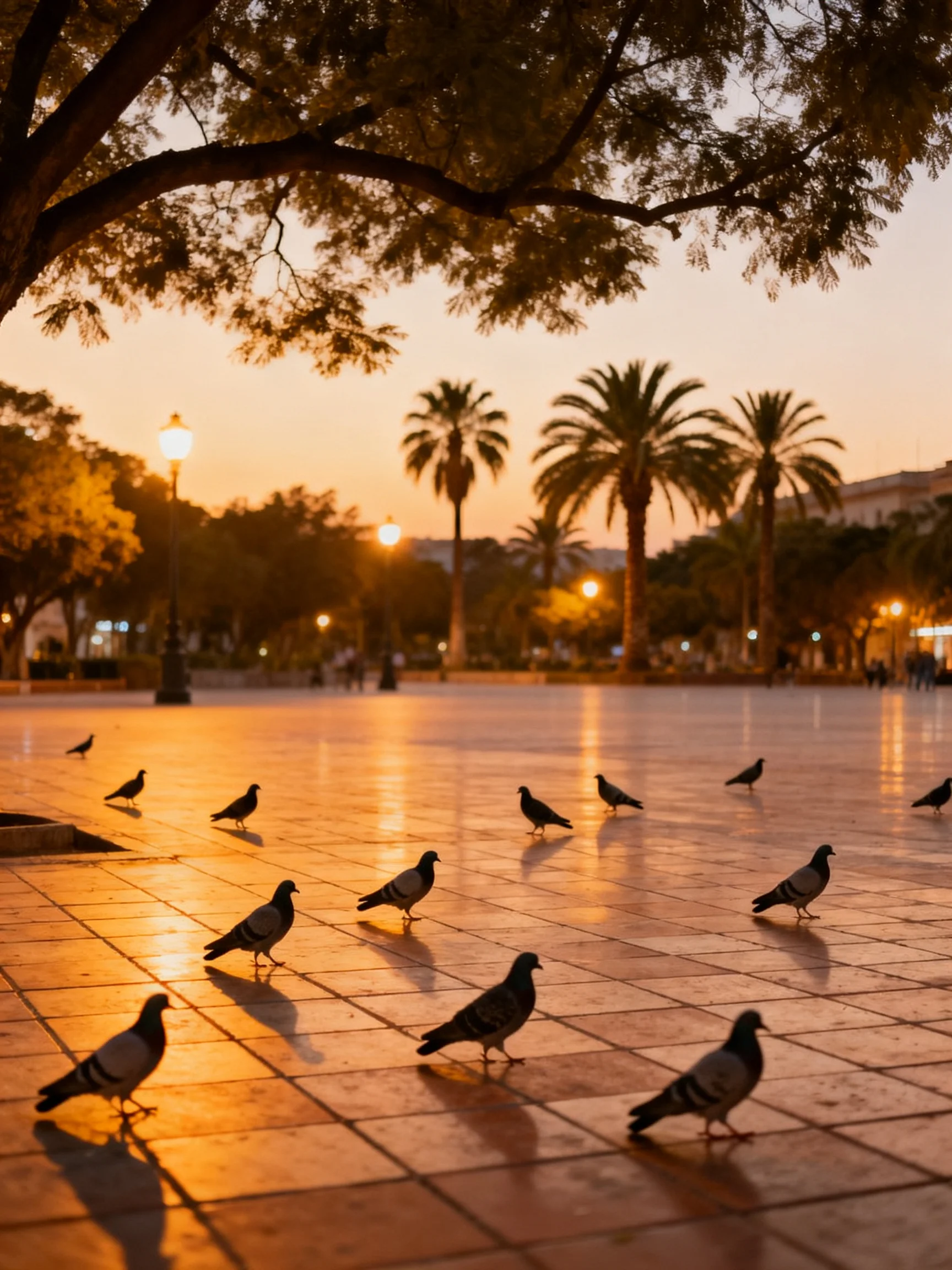 Pigeons move across a sunlit plaza with palm trees and street lamps at dusk.