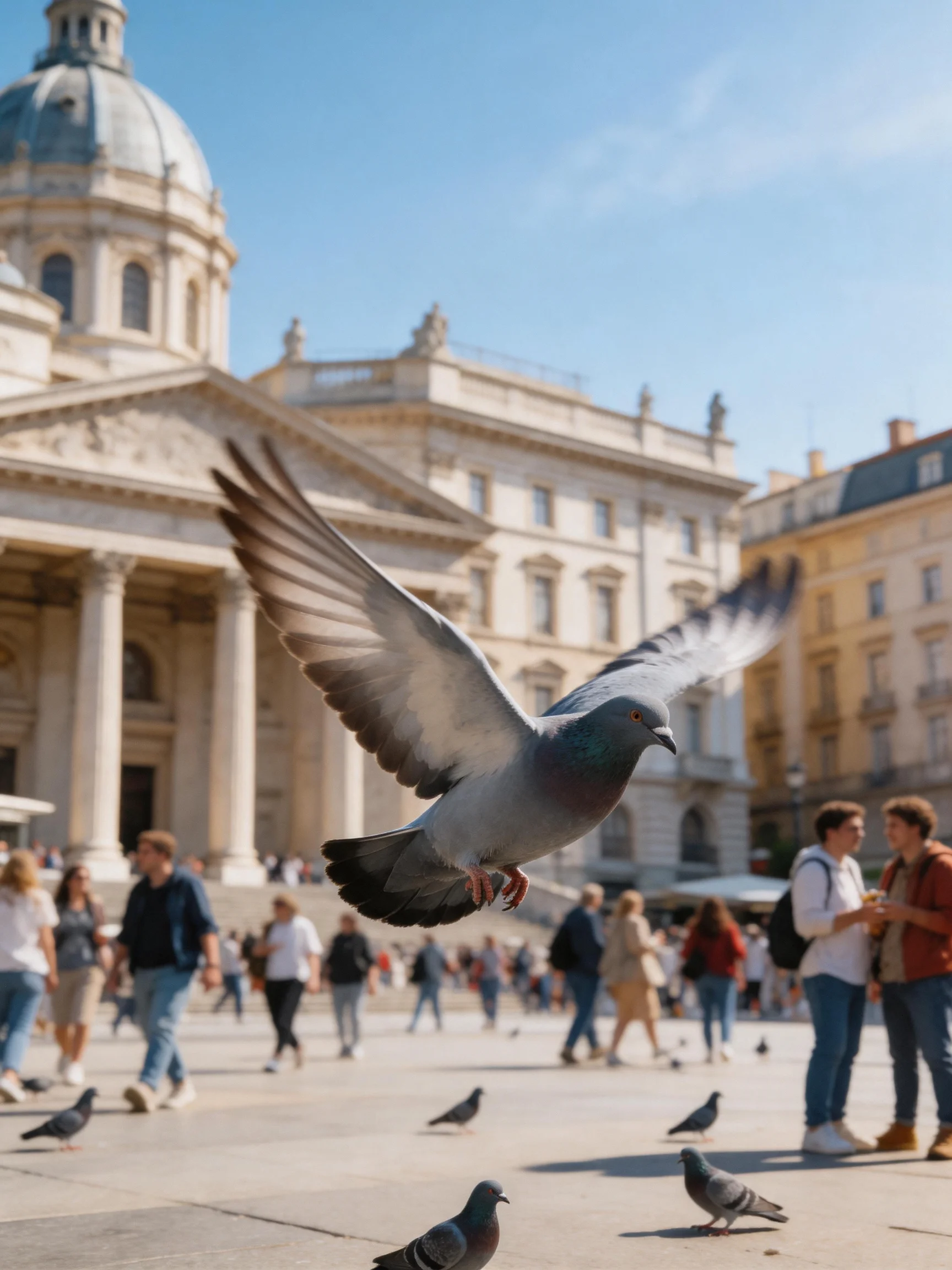 Pigeons soaring and resting in a sunlit urban plaza with grand historic buildings