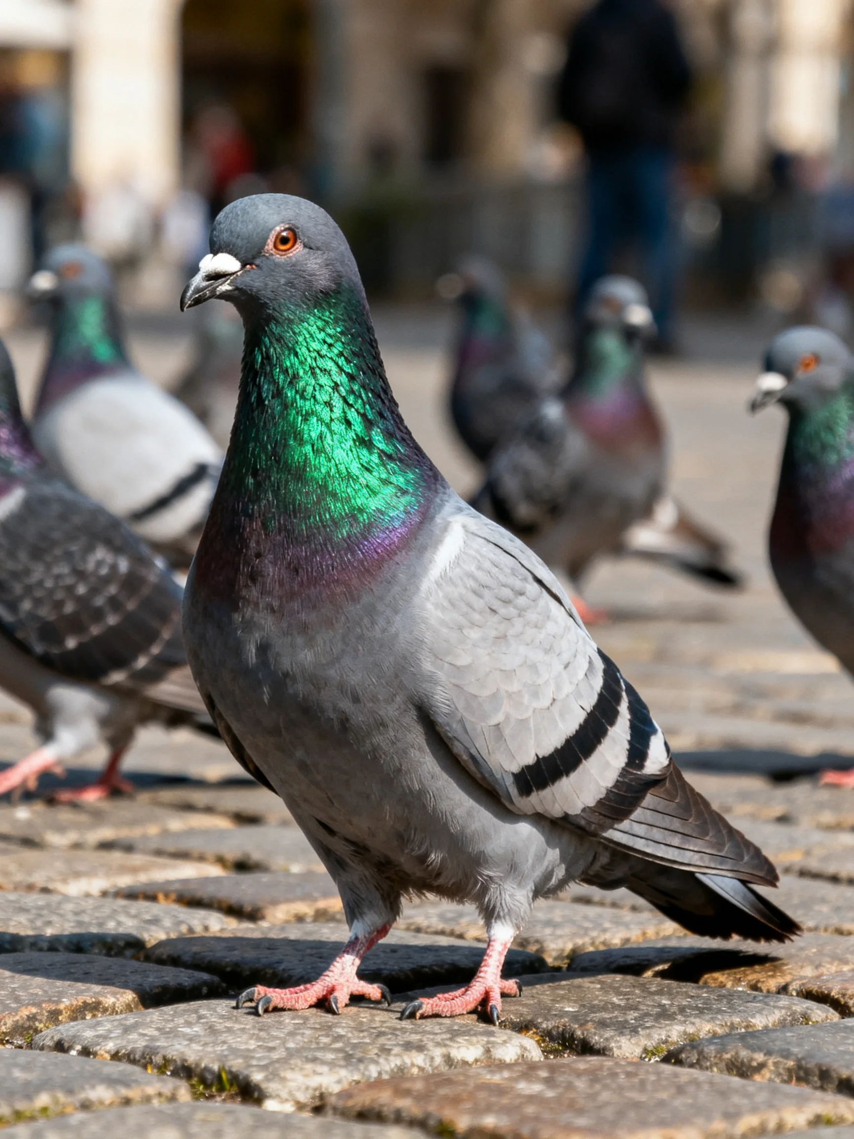 Pigeons with iridescent green necks on cobblestone pavement