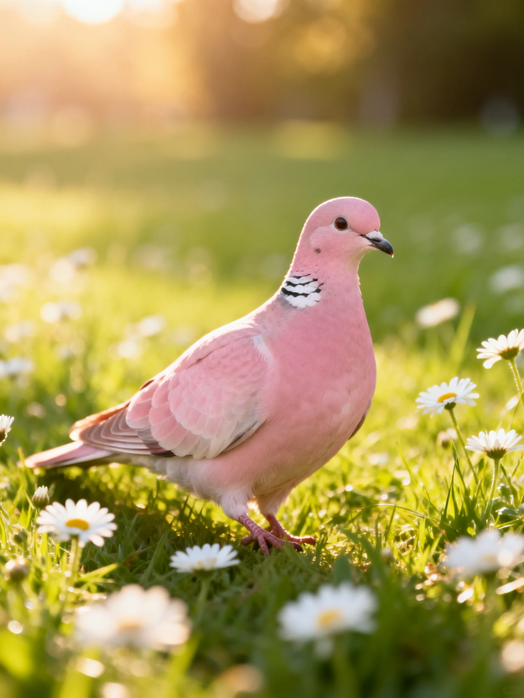 A pink pigeon stands among white daisies in a sunlit meadow.