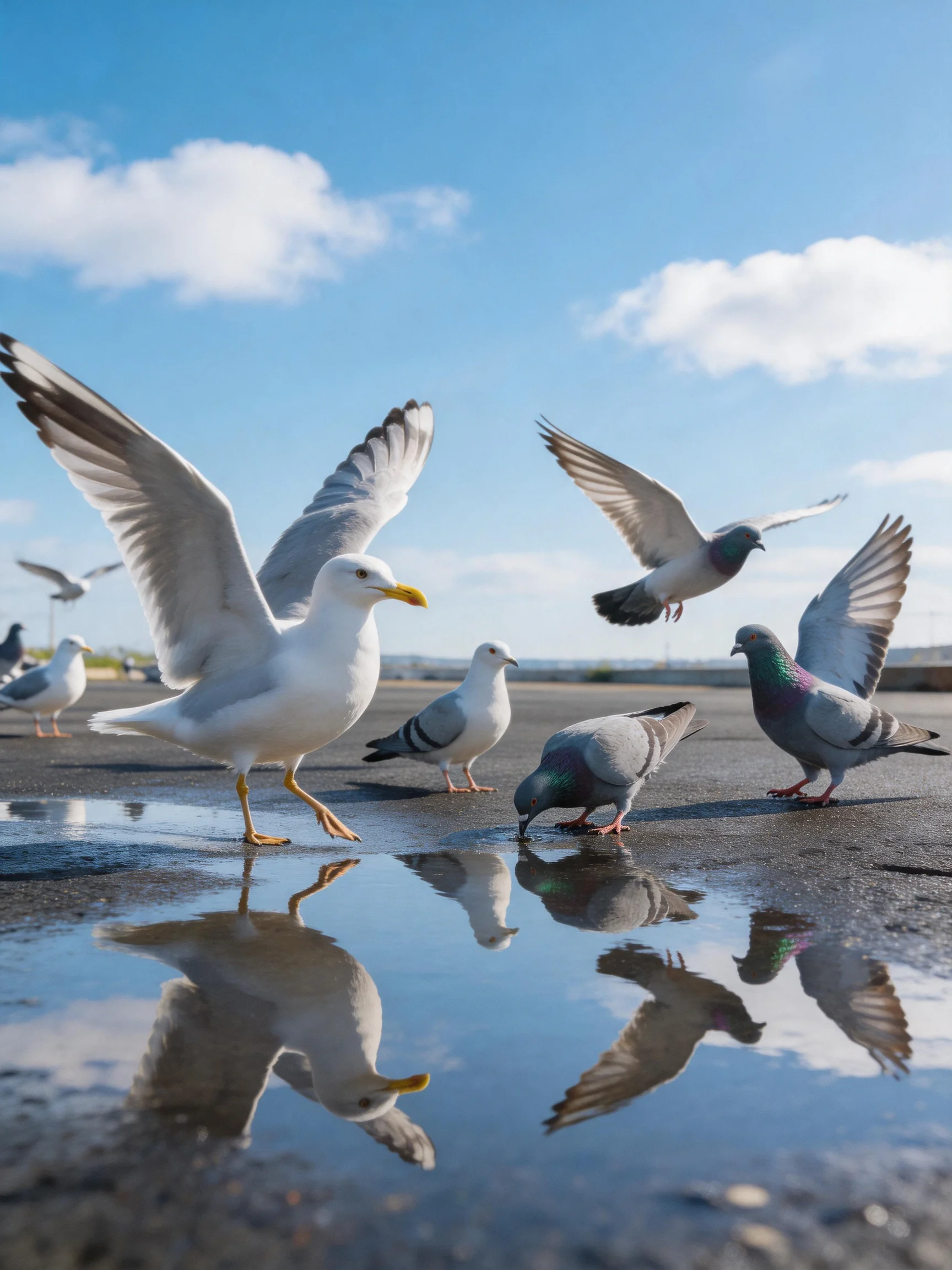 Seagulls and pigeons gather by a reflective puddle on pavement