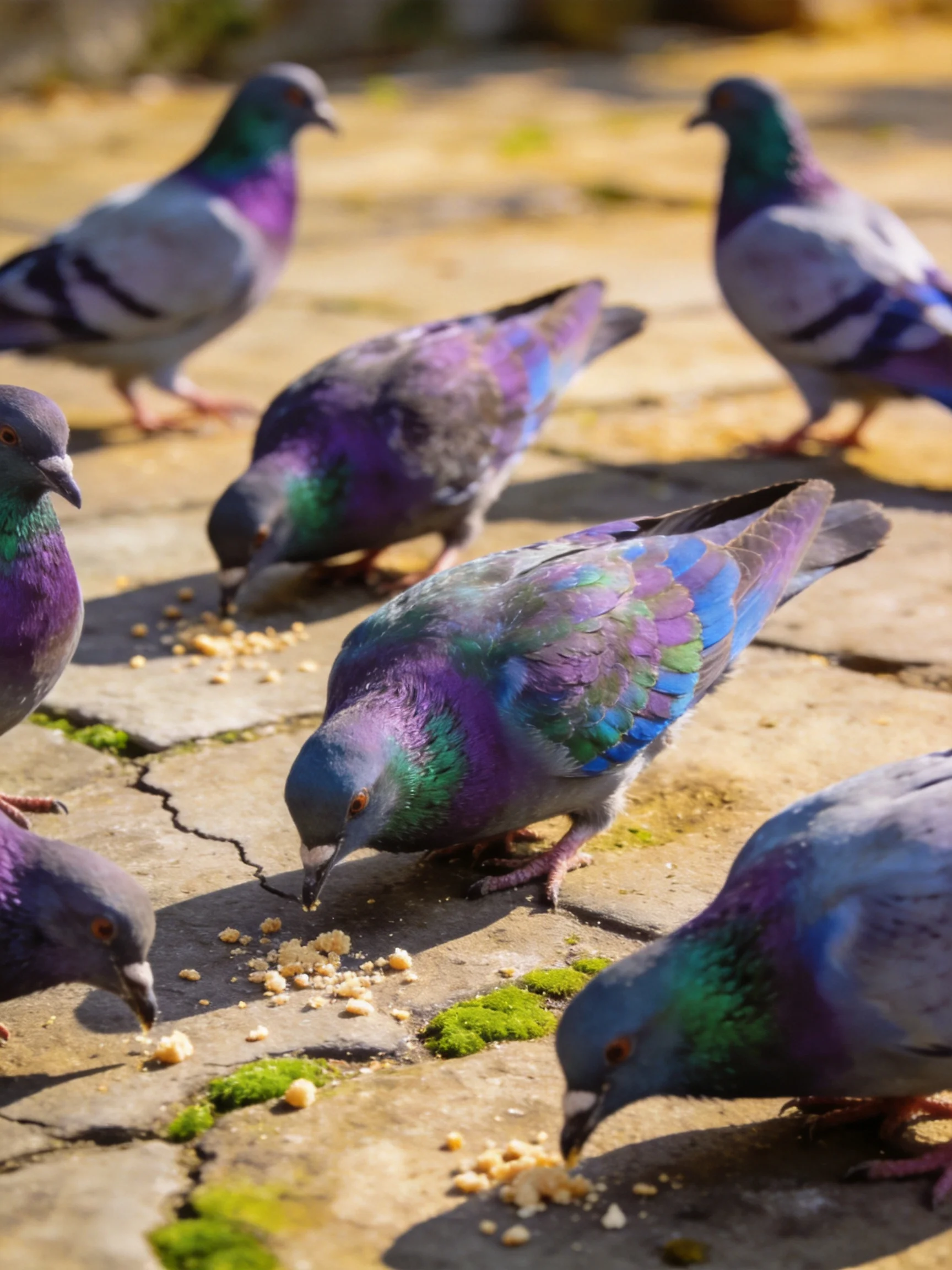 Seven colorful pigeons with iridescent plumage feed on seeds on a stone path