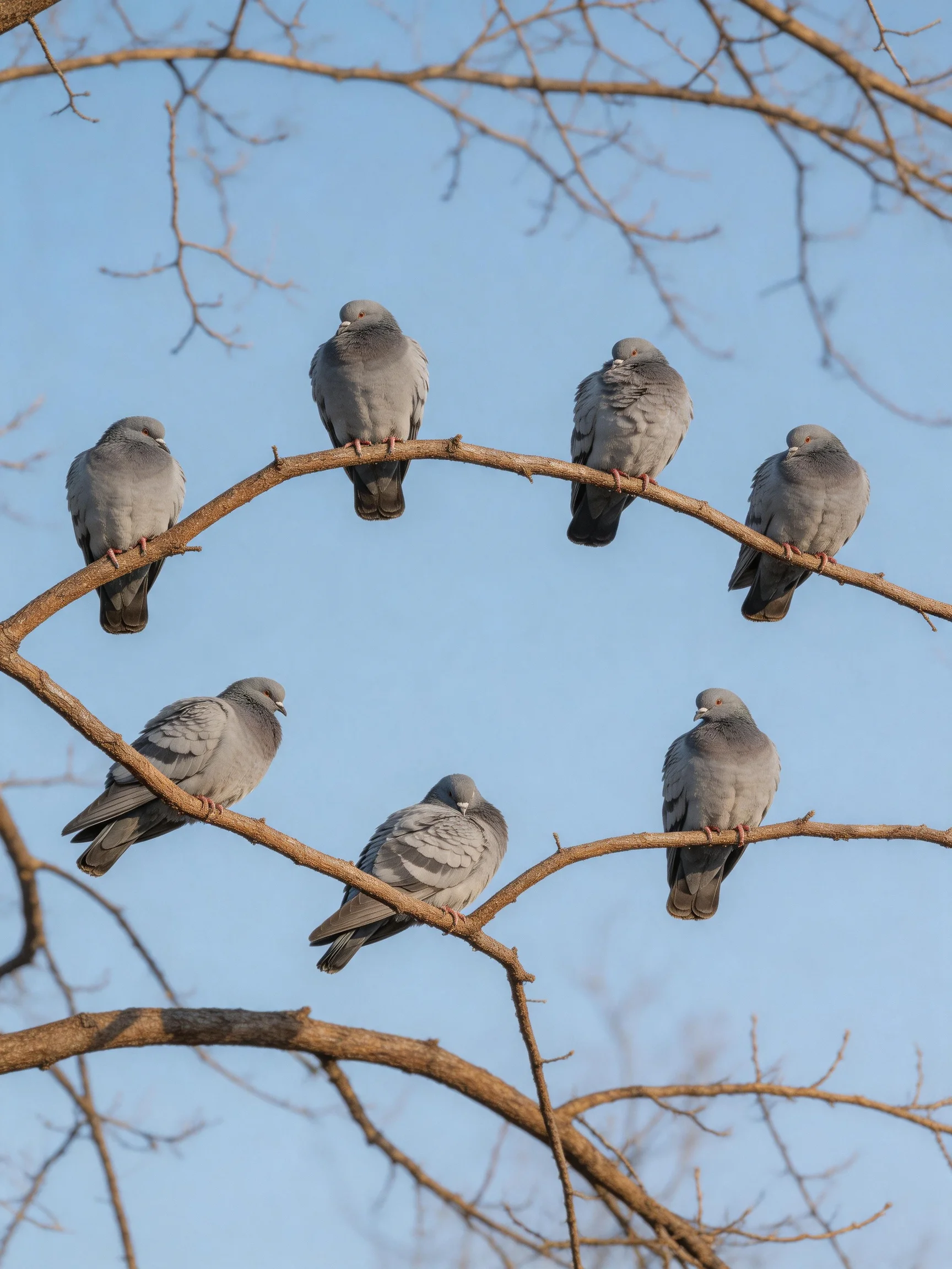 Seven gray pigeons perched on brown tree branches against a clear blue sky