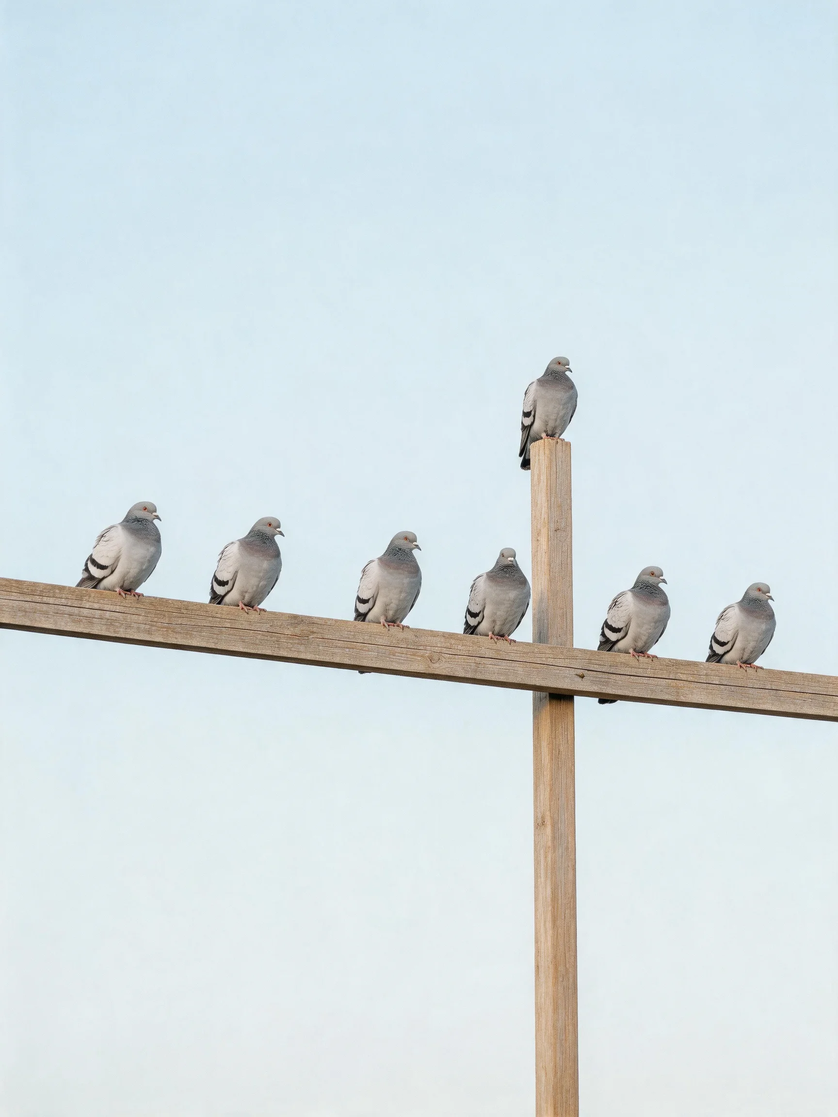 Seven gray pigeons rest on a wooden cross-shaped shaped structure