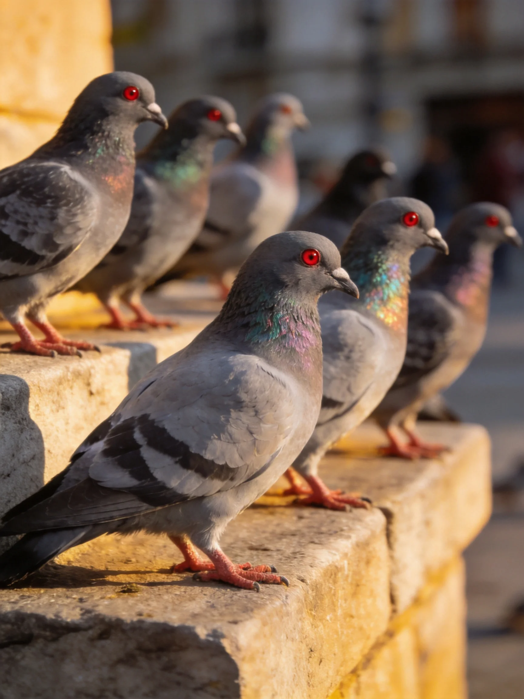 Seven gray pigeons with iridescent necks sit on stone ledges