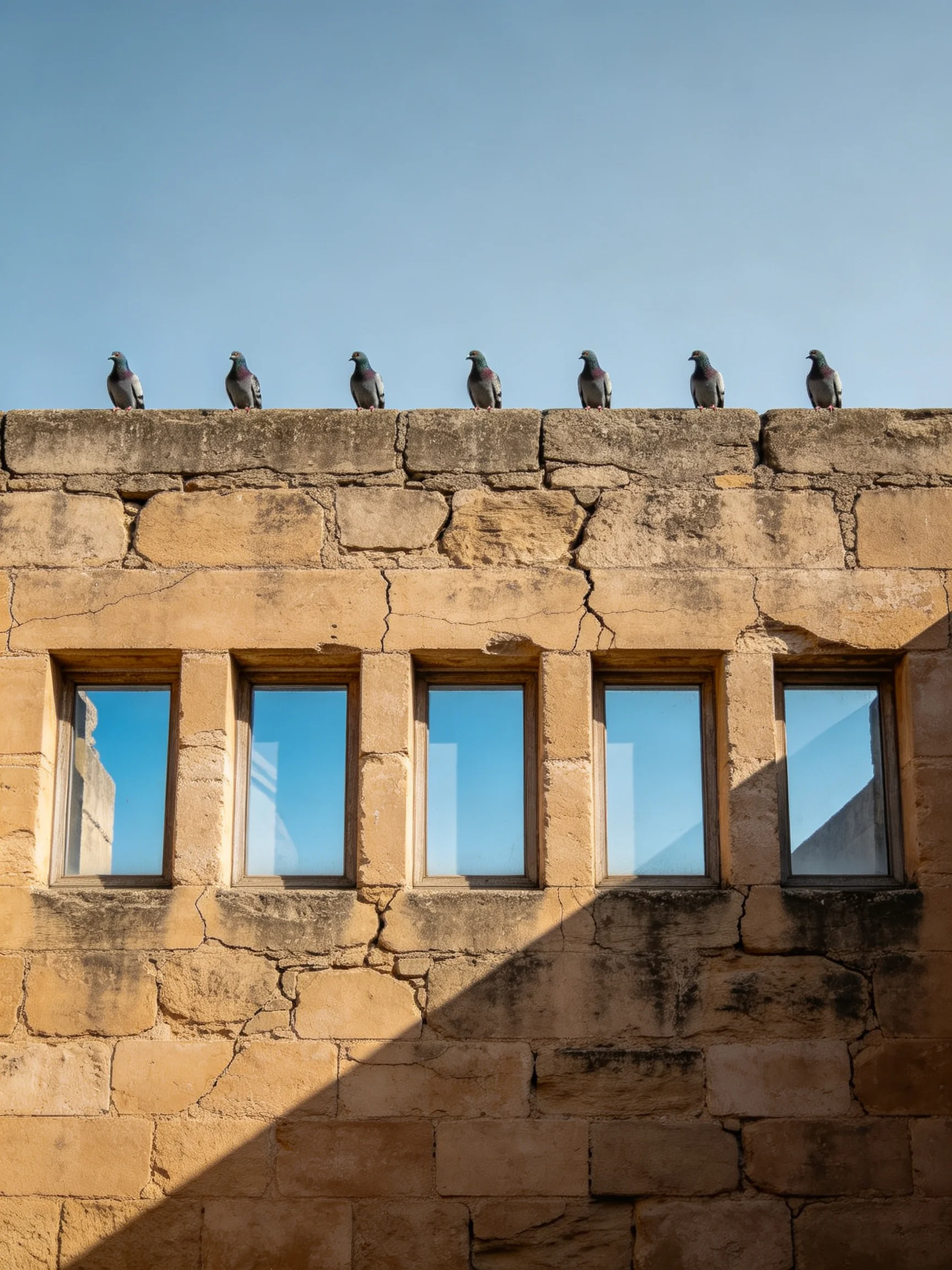 Seven pigeons atop an aged stone wall with rectangular windows