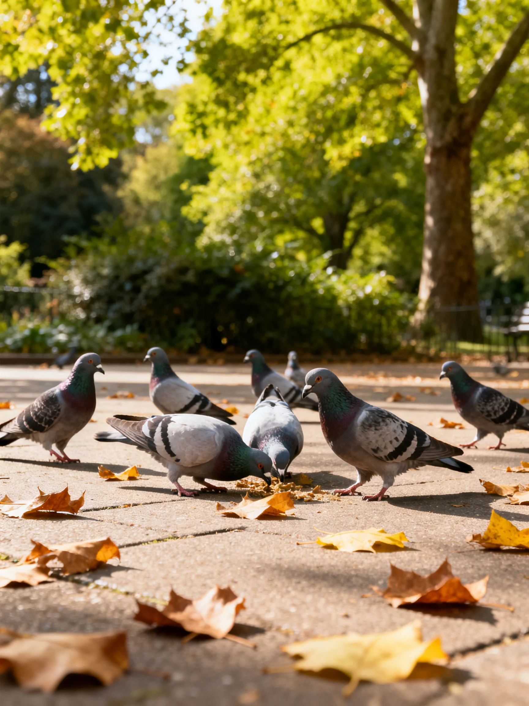 Seven pigeons feed among colorful fallen leaves in a sunlit park