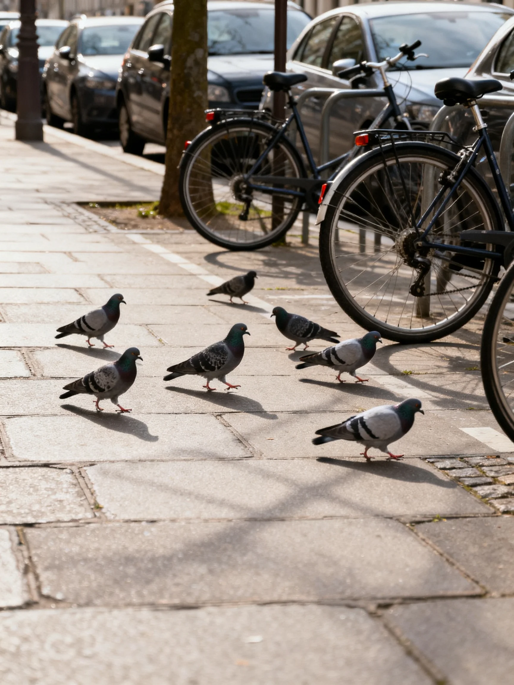 Seven pigeons forage on a stone-paved sidewalk beside parked cars and bicycles
