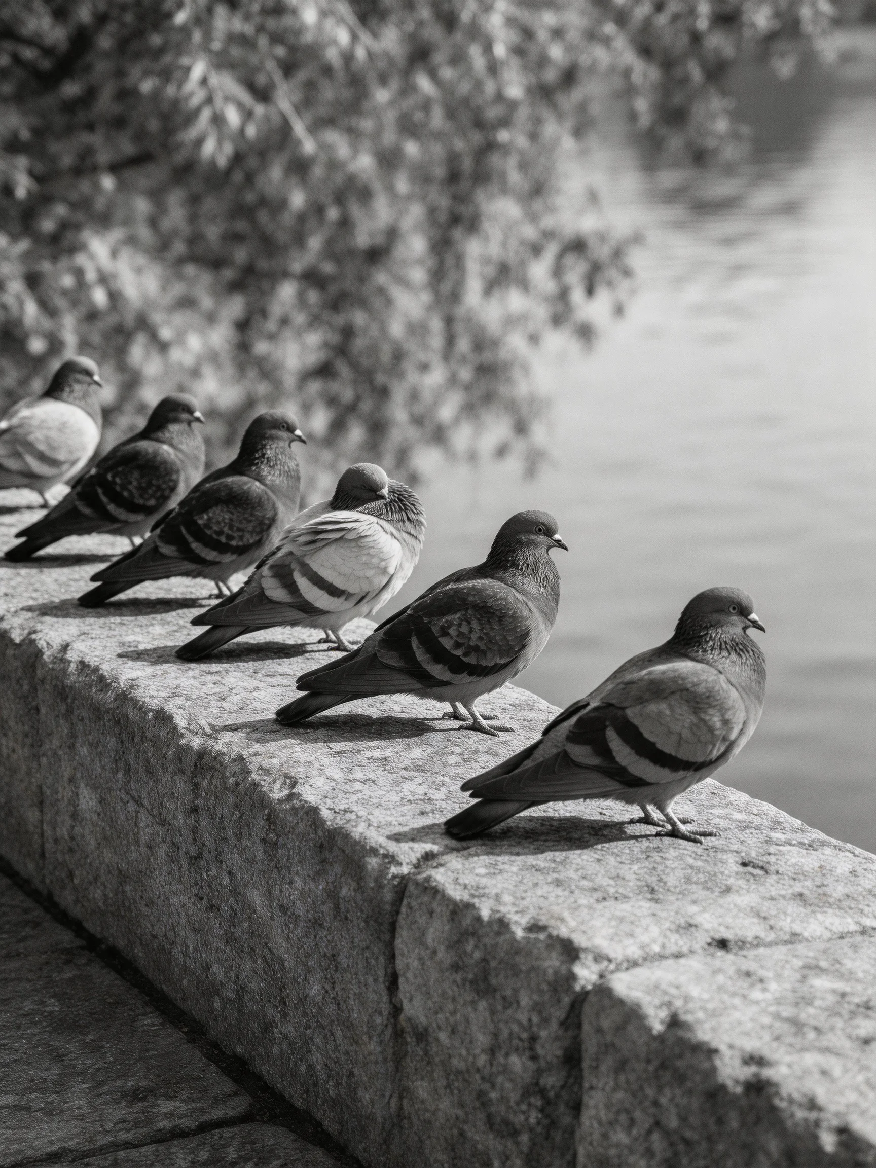 Seven pigeons perch in a row on a stone ledge near water