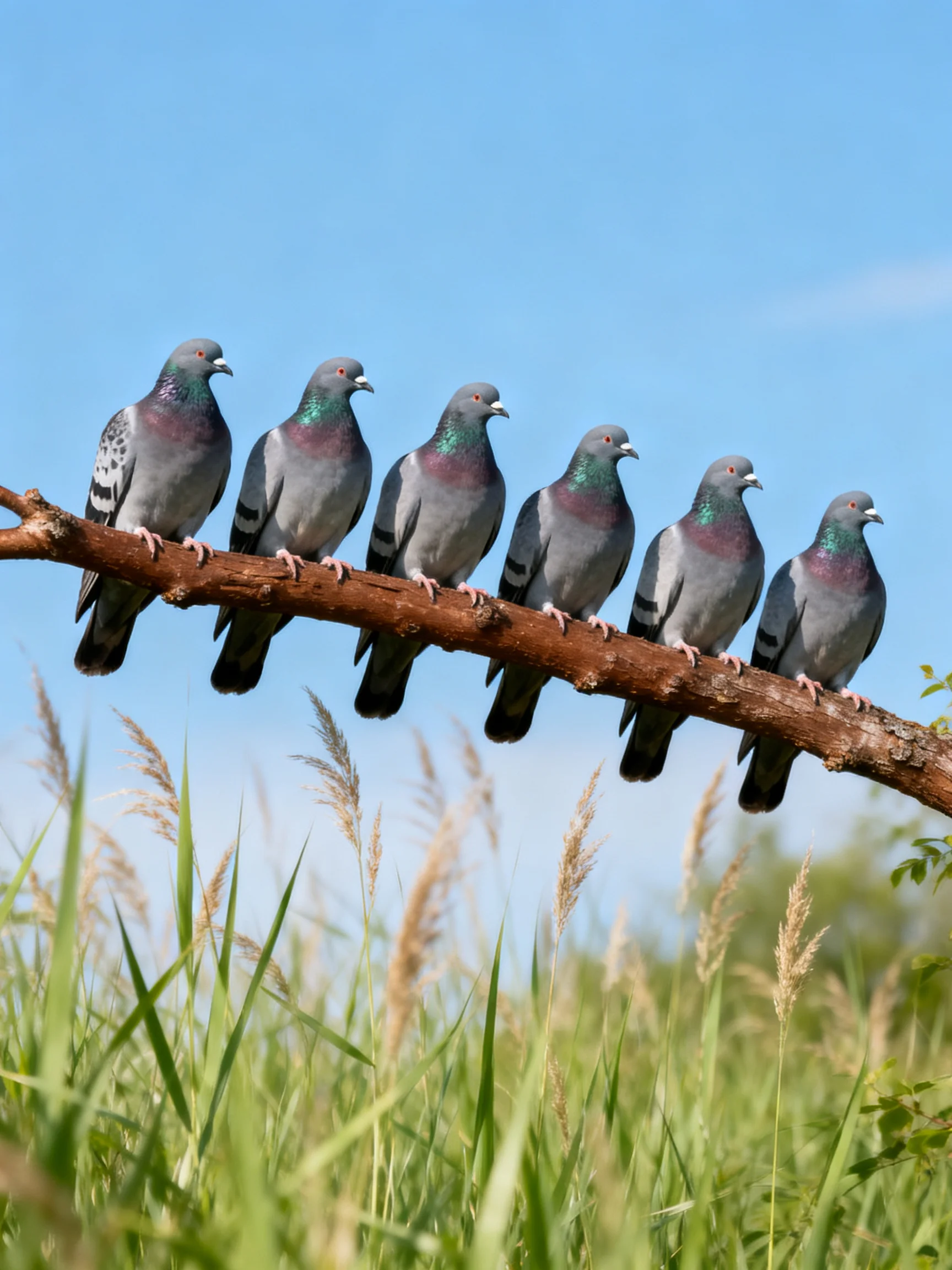 Seven pigeons perch on a brown tree branch against a clear blue sky