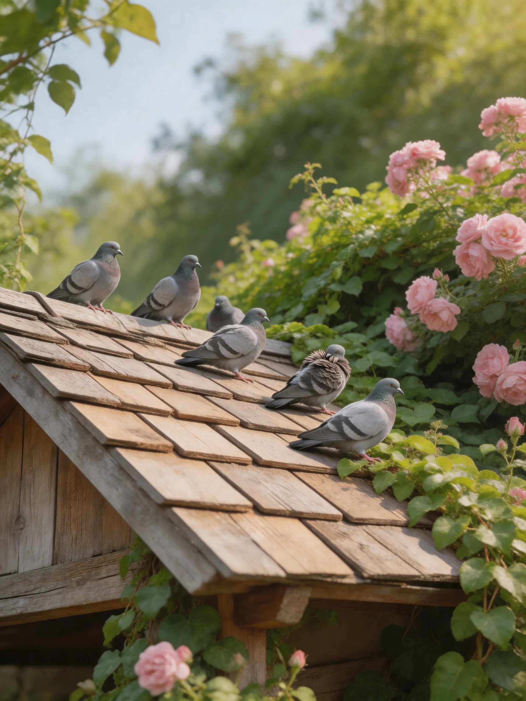 Seven pigeons perch on a wooden roof with pink roses