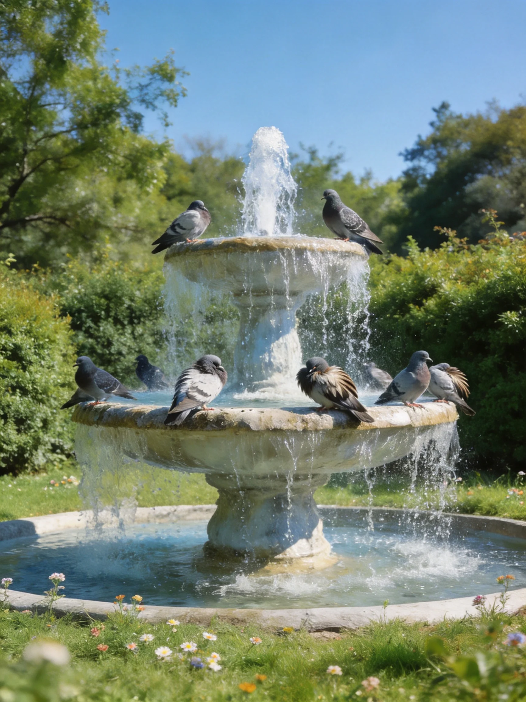 Seven pigeons rest on a multi - tiered stone fountain in a lush garden