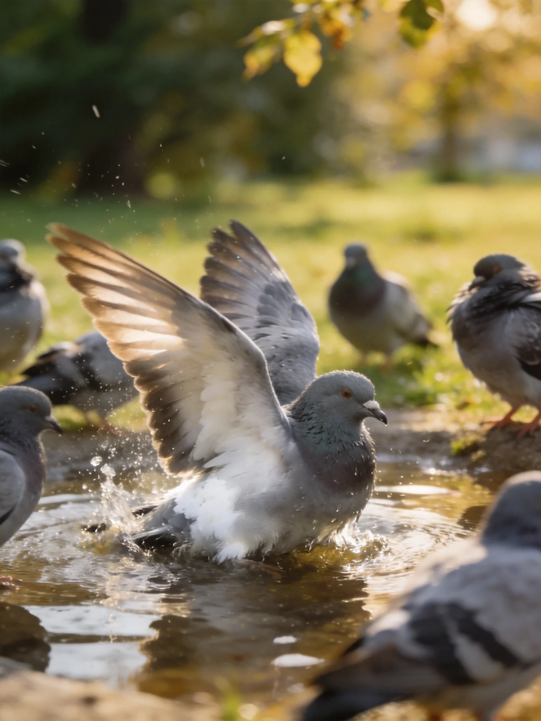 Several Pigeons Bathe in a Shallow Outdoor Water Spot