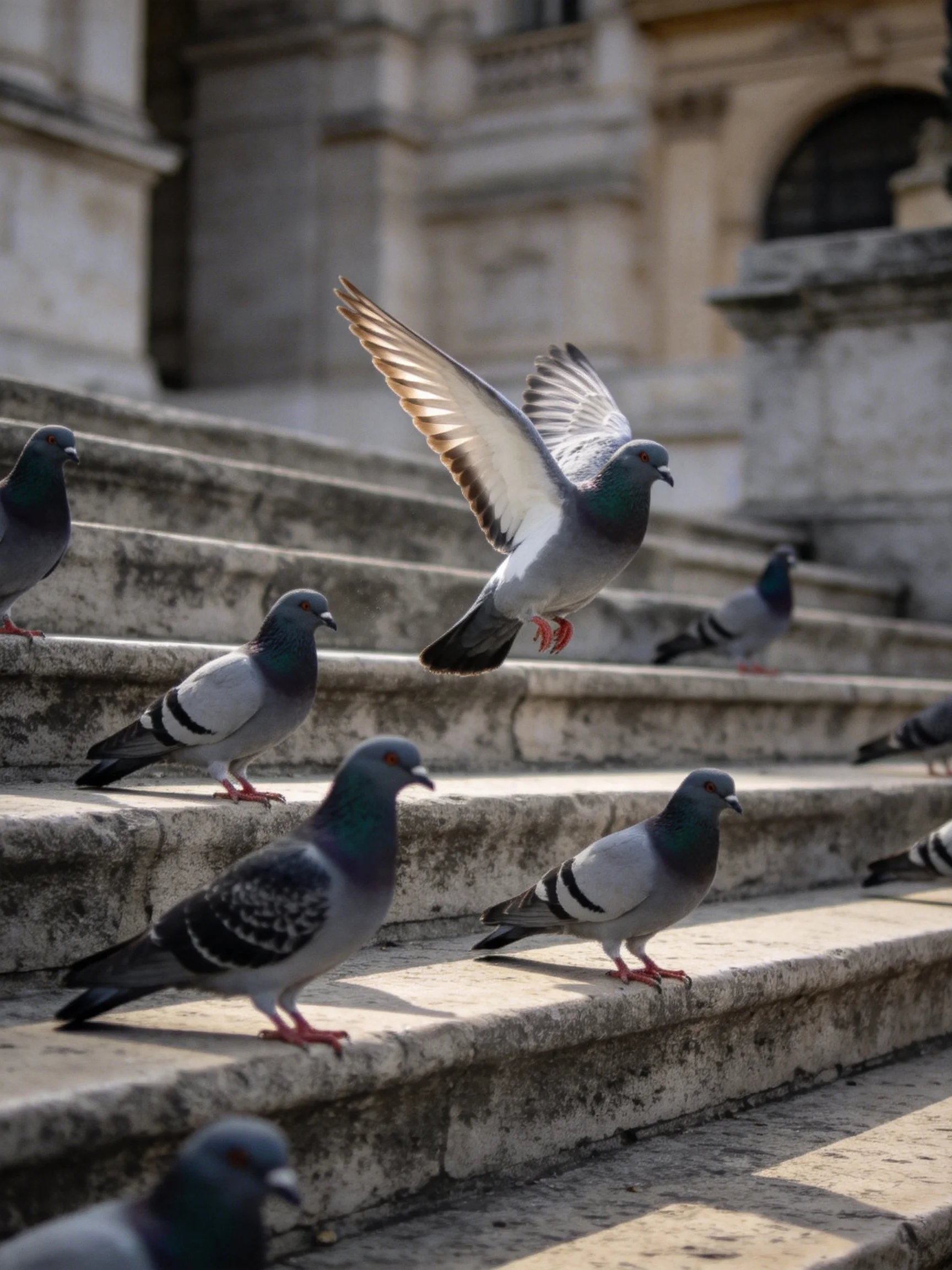 Several Pigeons on Aged Stone Steps of Old Building