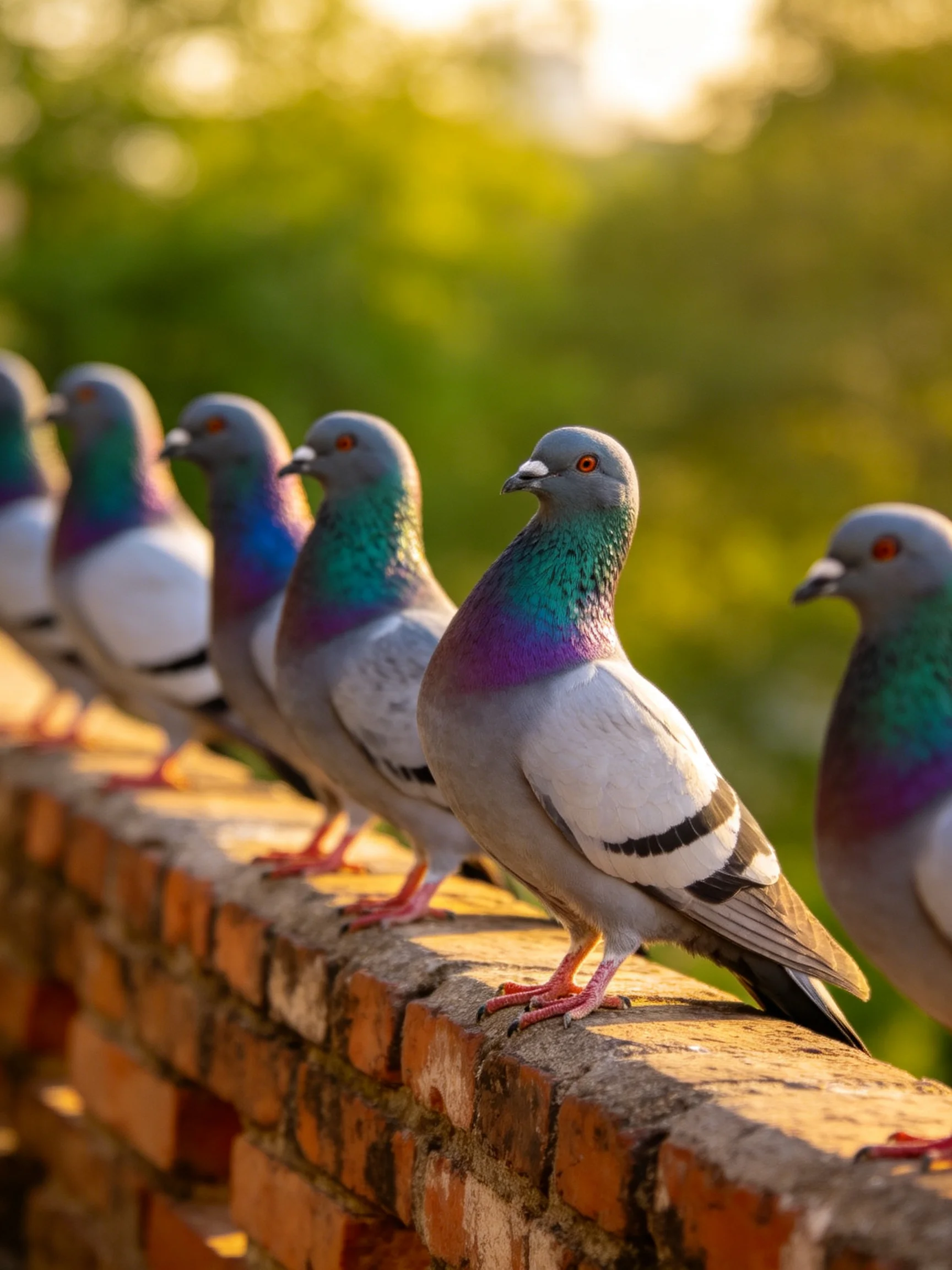 Several iridescent pigeons perched on a weathered brick wall