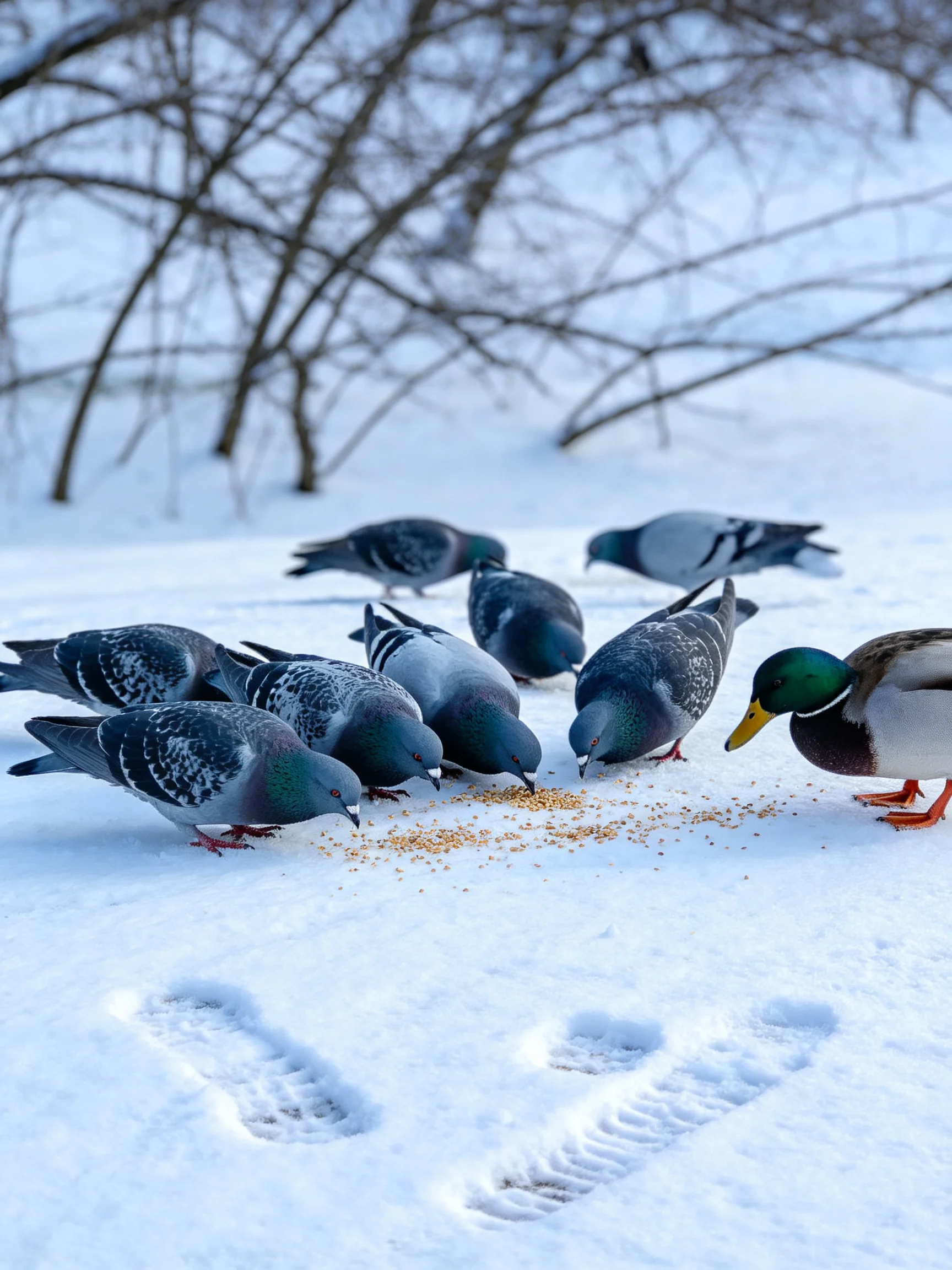 Several pigeons and a duck eat seeds on snowy ground near bare trees