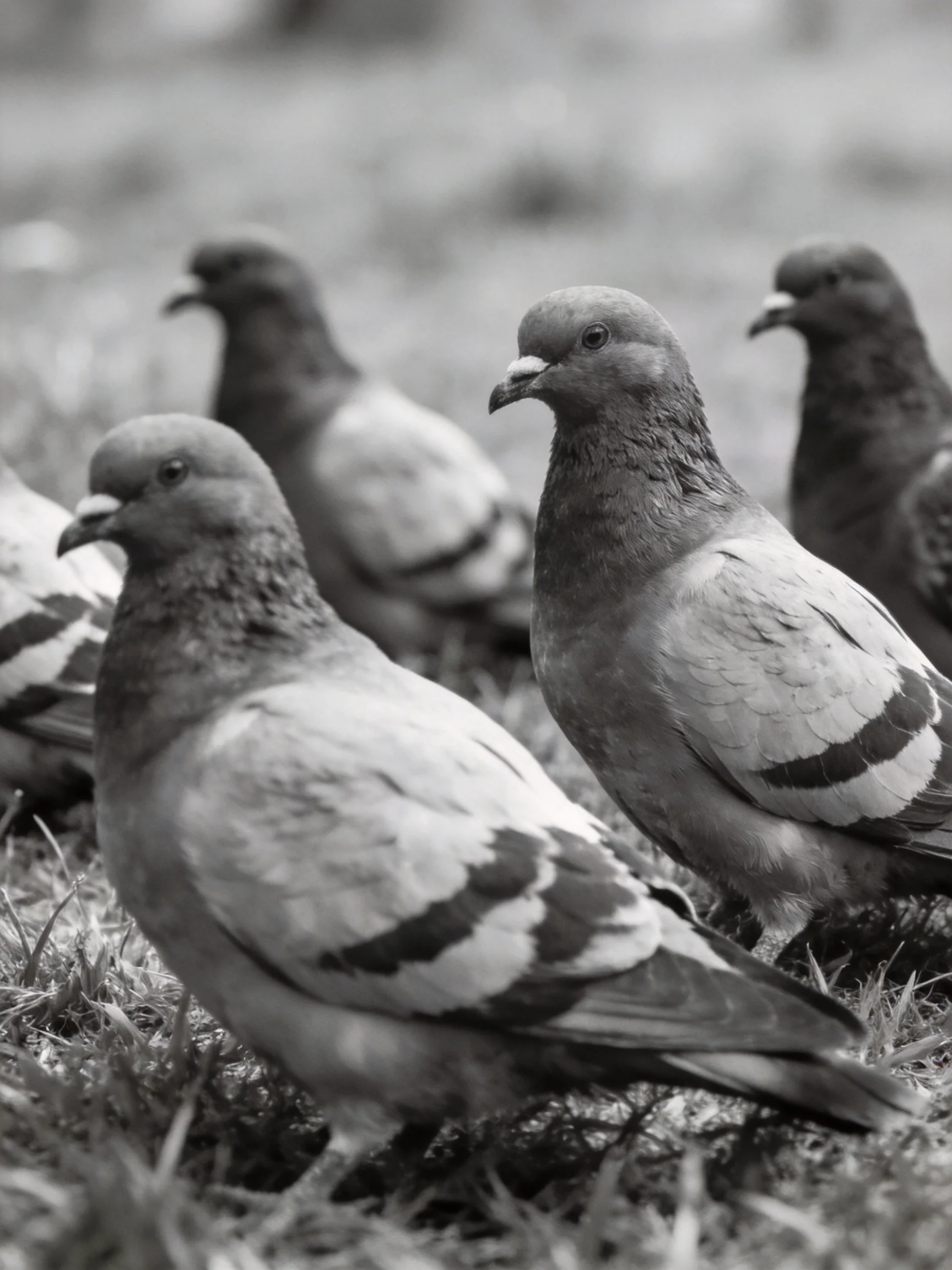 Several pigeons gather on grass in black and white photography