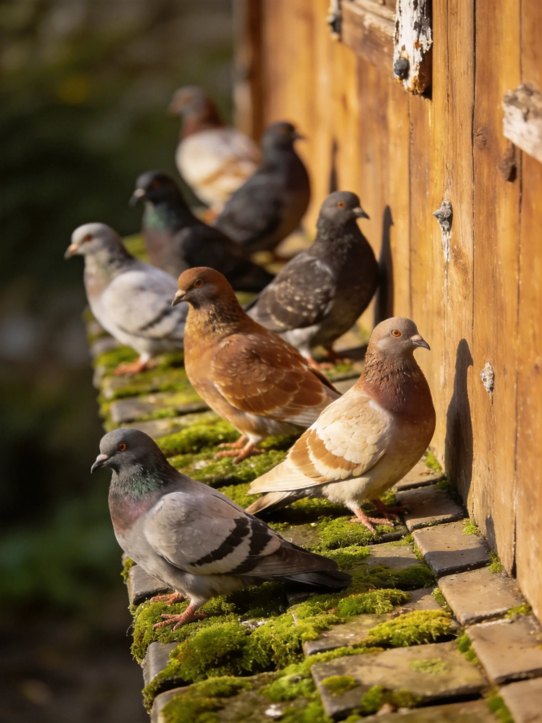 Several pigeons in assorted colors rest on a moss-covered stone ledge near a wooden building.