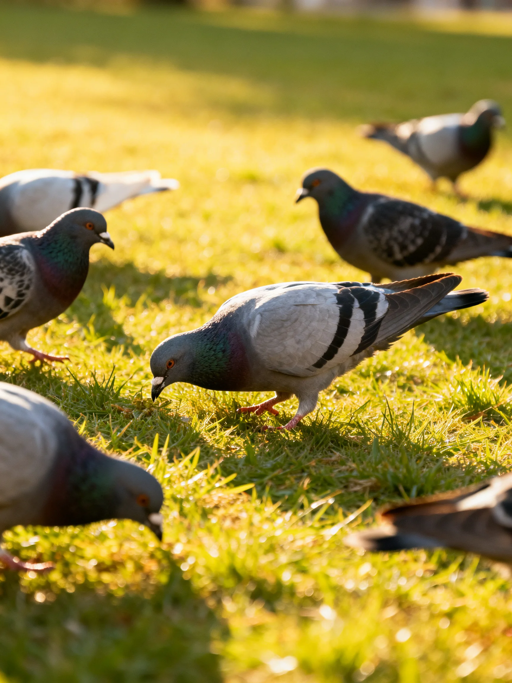 Several pigeons of varied colors forage on lush green grass under sunlight