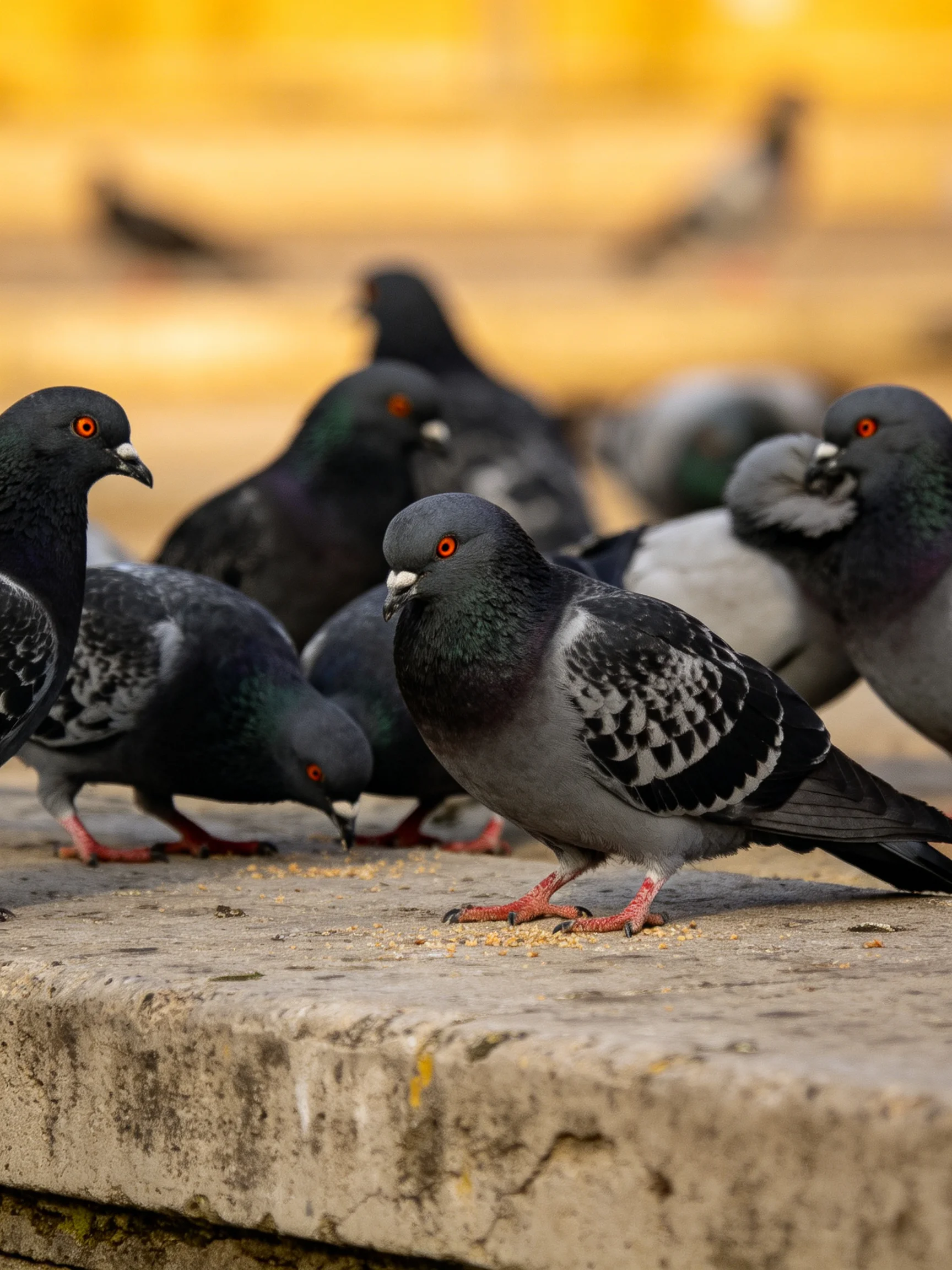 Several pigeons with gray and black plumage feed on a concrete ledge