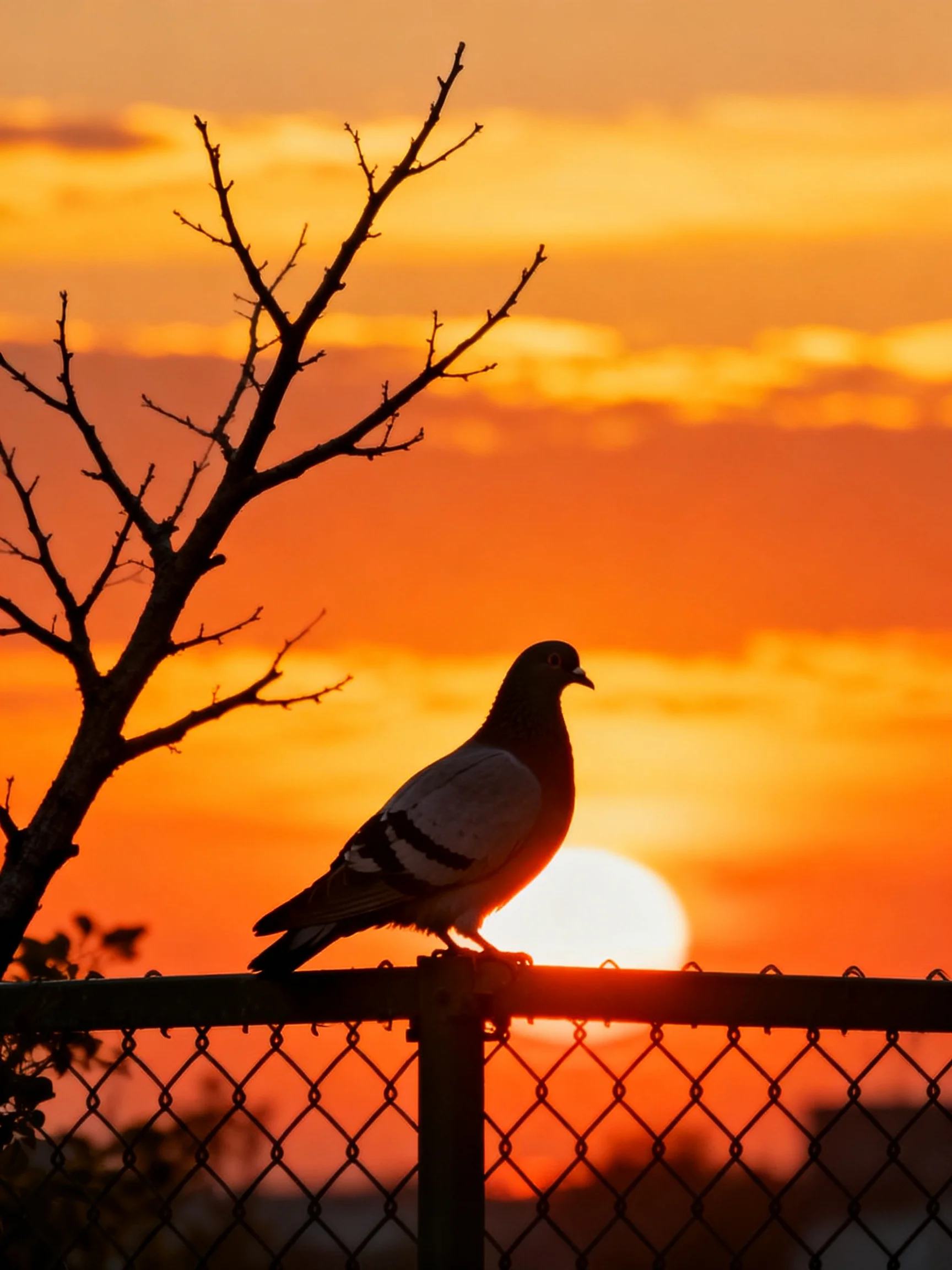 Silhouetted Pigeon Perched on Fence Under Fiery Sunset