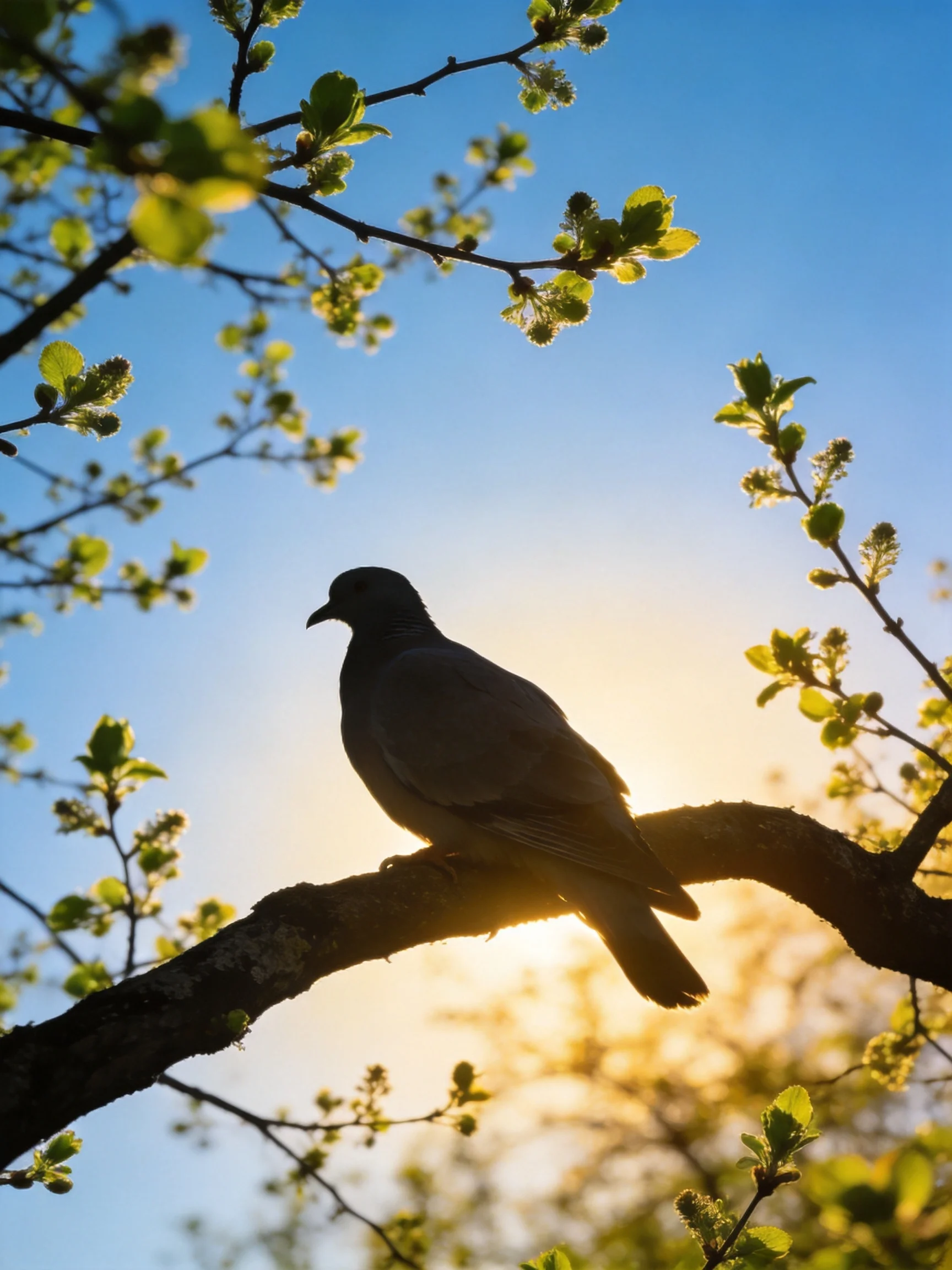 Silhouetted bird on branch with budding green leaves under sunny sky
