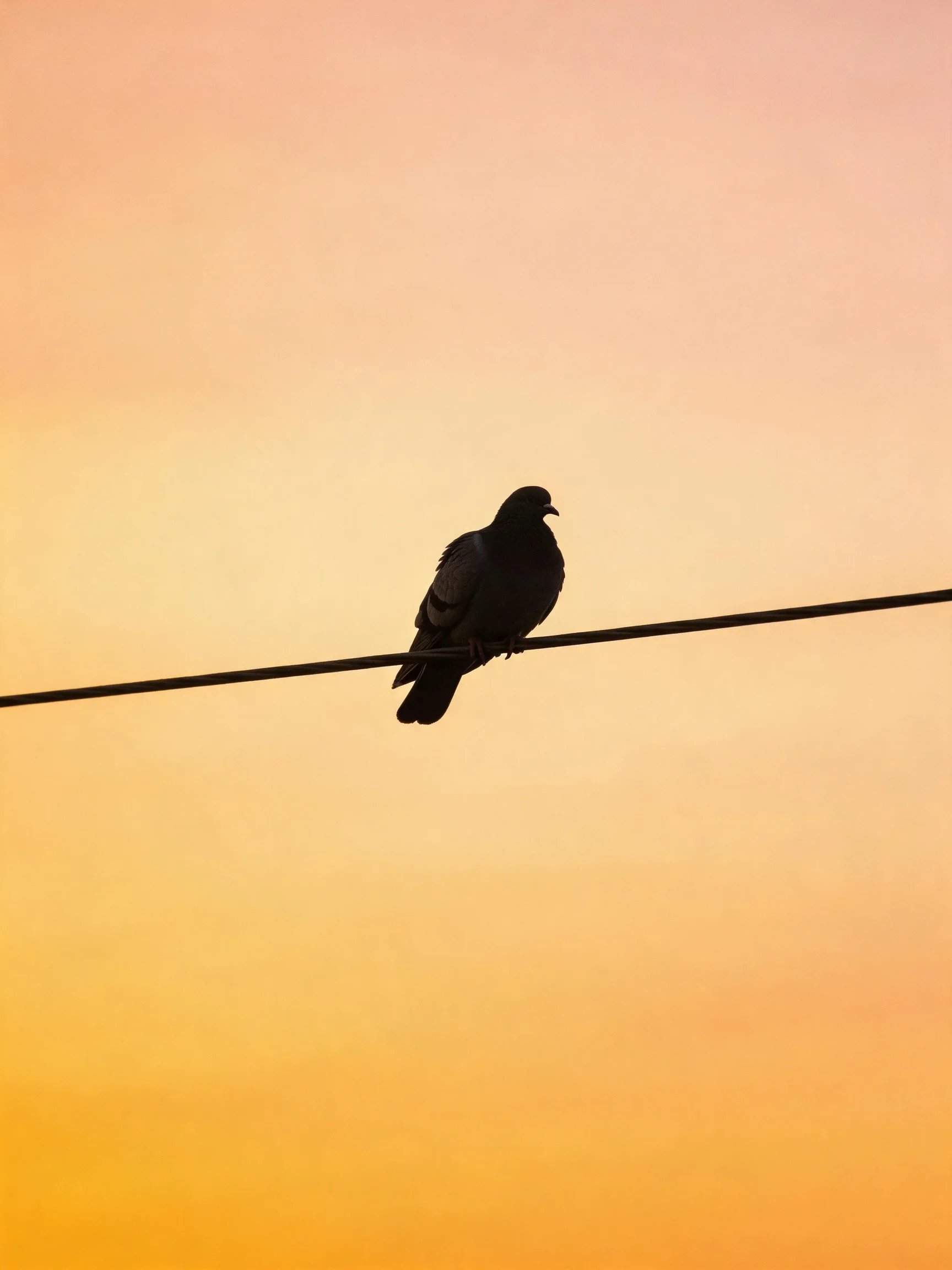 Silhouetted pigeon perched on wire amidst gradient sunset sky