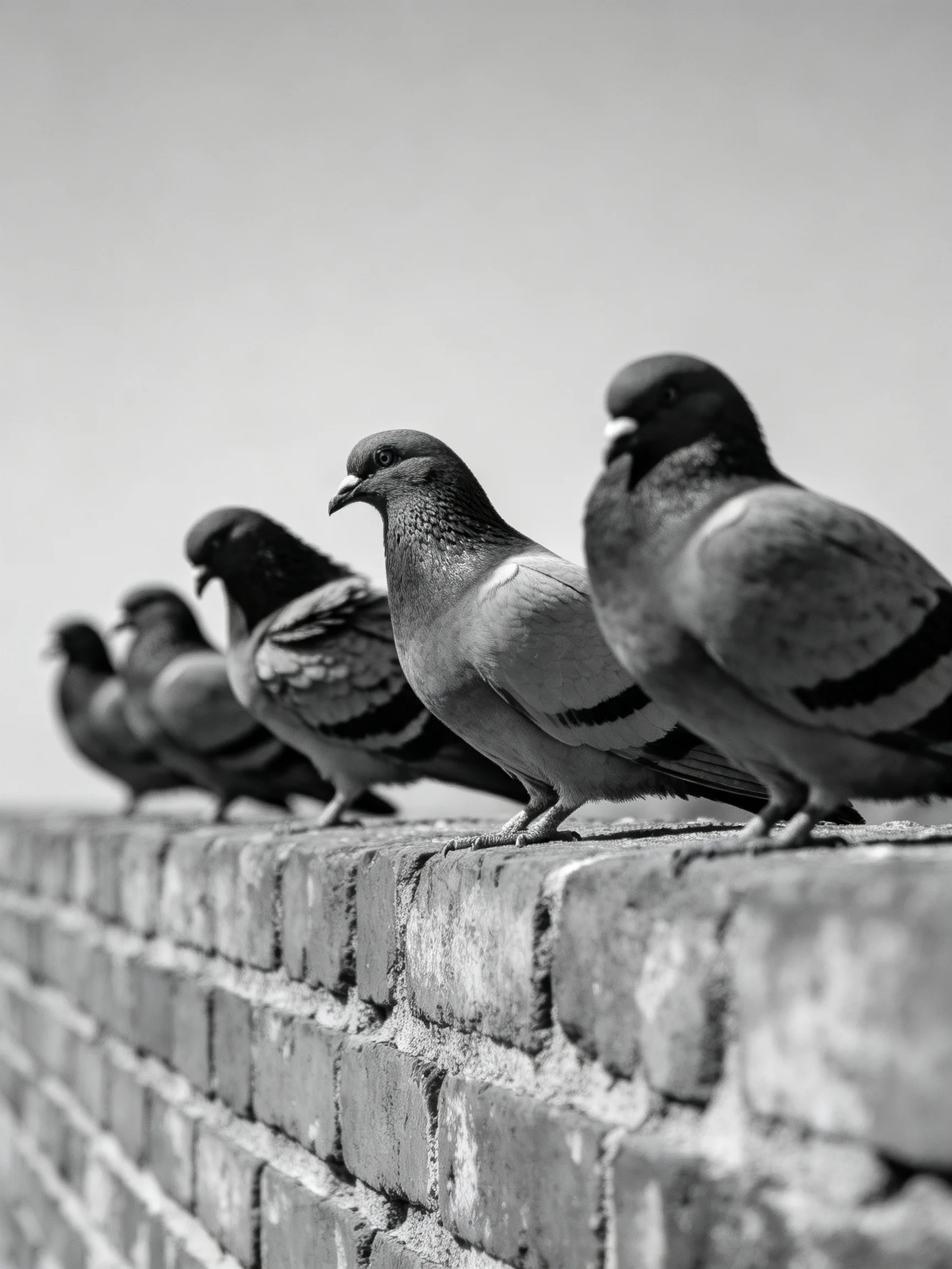 Six Pigeons Lined Up on a Weathered Brick Wall