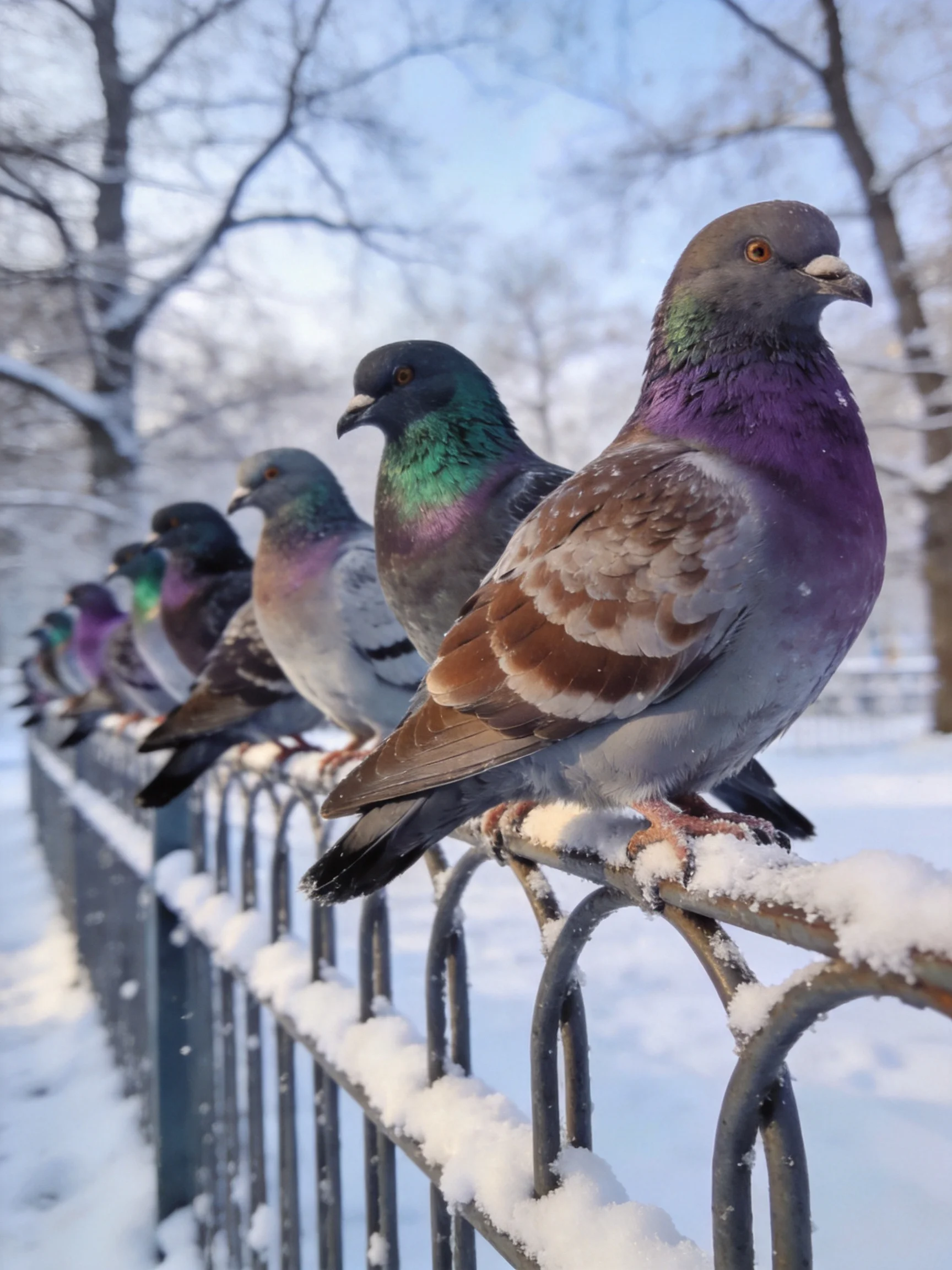 Colorful pigeons perch along a snow-covered metal fence in a wintry scene.