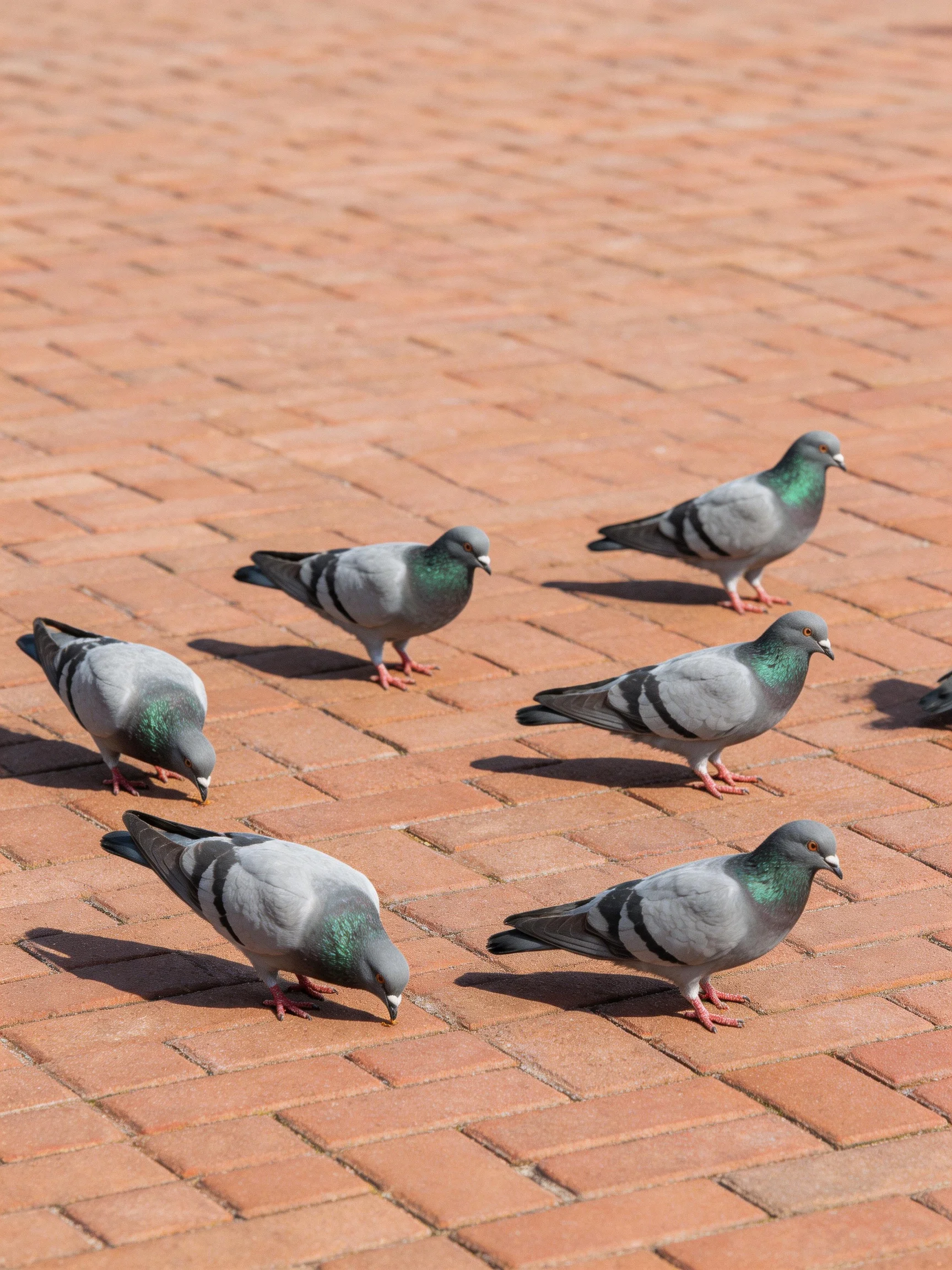 Six gray-green pigeons foraging on reddish-brown brick pavement