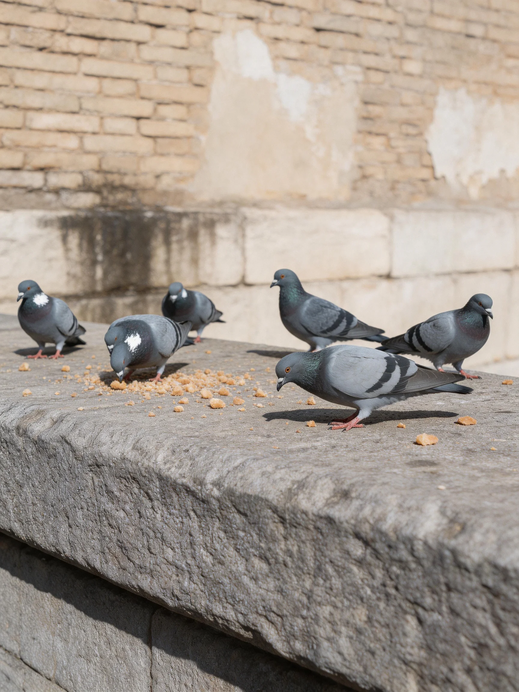 Six gray pigeons feed on crumbs atop an aged stone ledge near a weathered brick wall