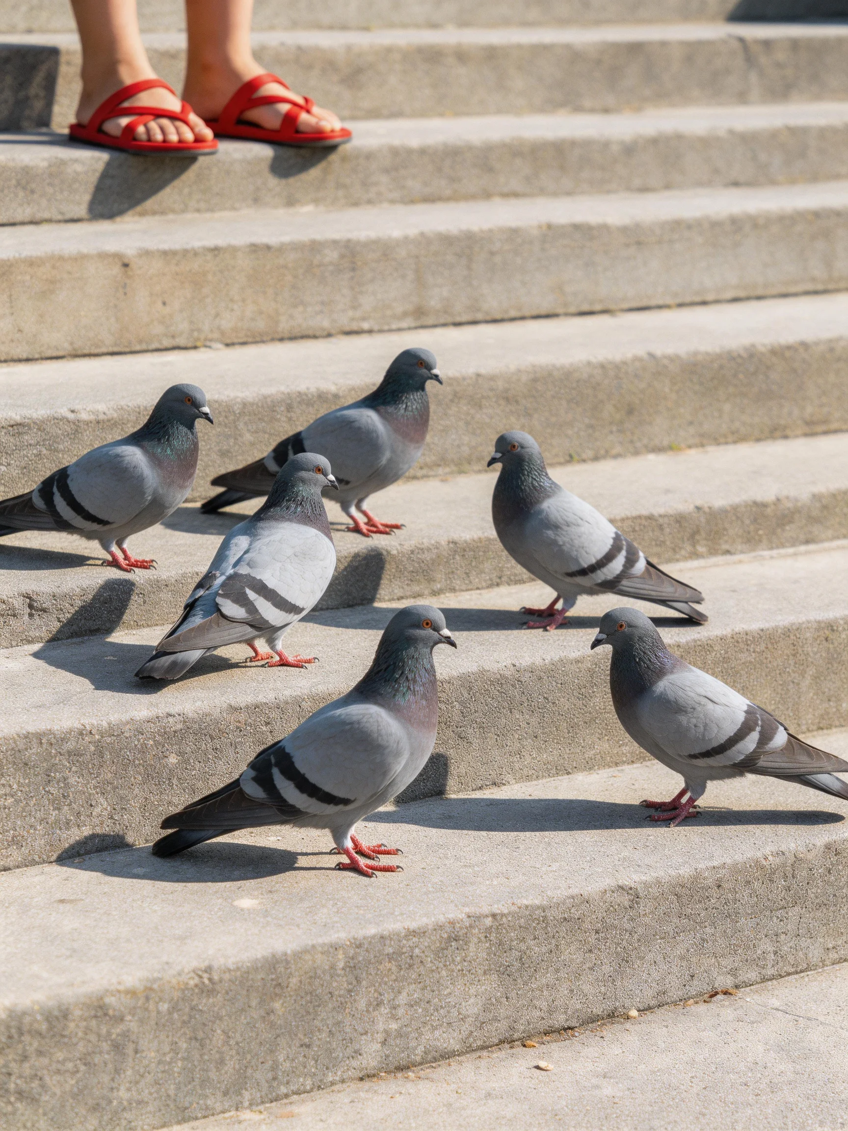 Six gray pigeons on weathered concrete steps with red sandals