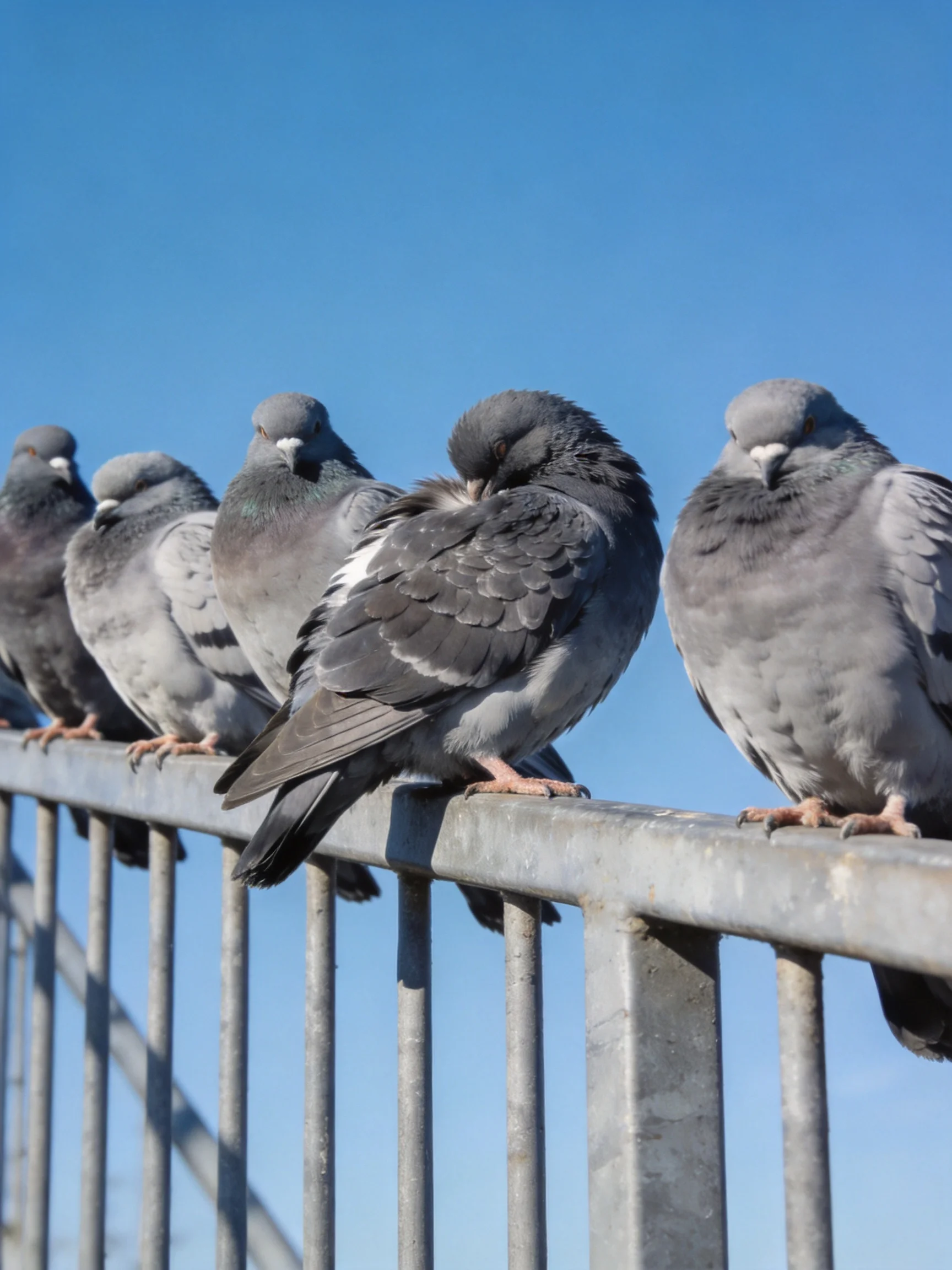 Six gray pigeons perch on a metallic railing under clear blue sky
