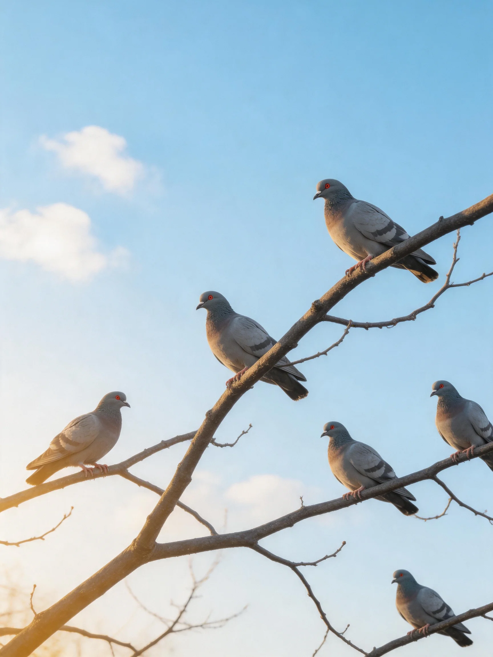 Six gray pigeons perch on bare tree branches against a clear blue sky