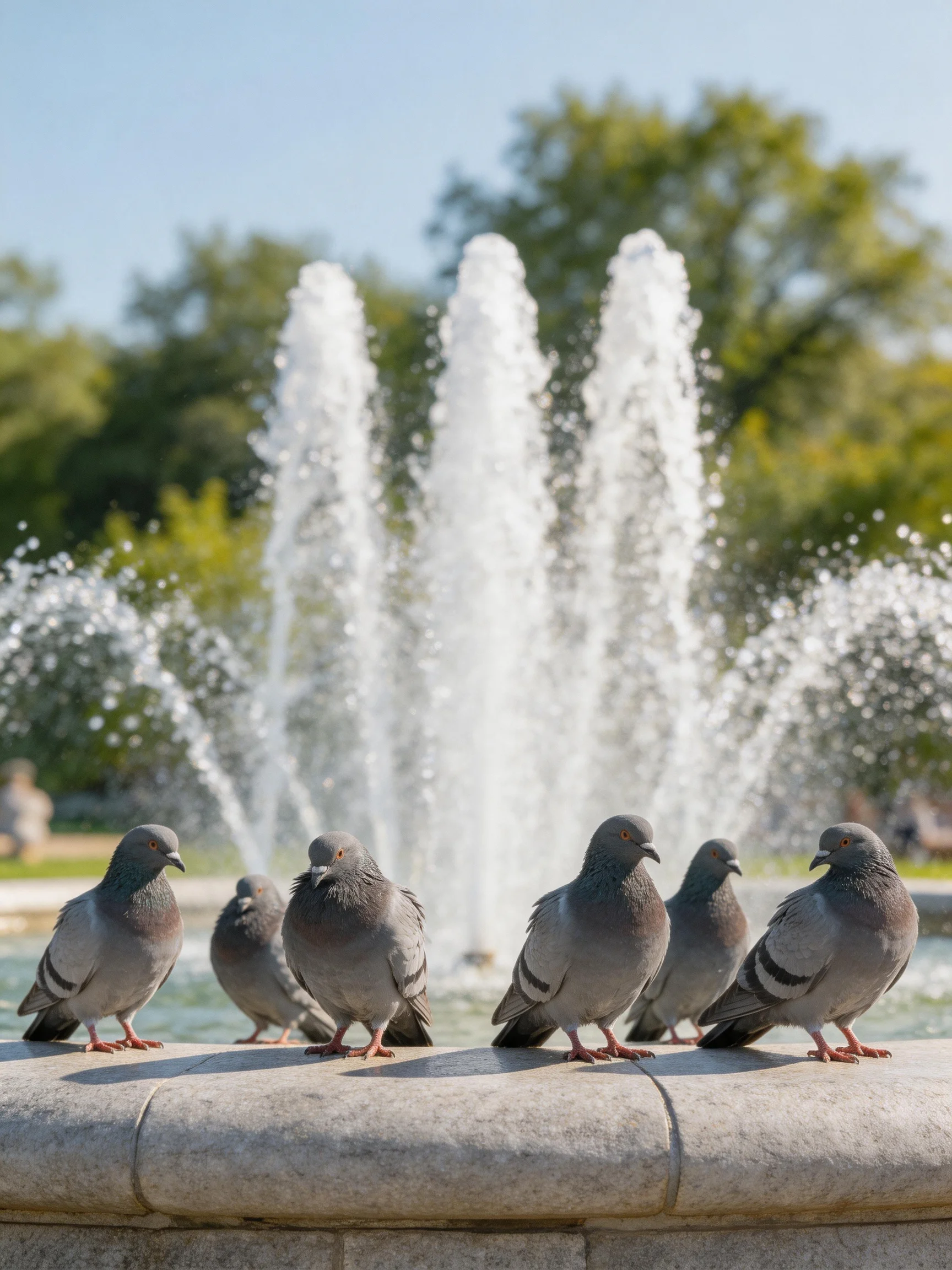Six gray pigeons rest on a stone ledge by a multi-spouted fountain