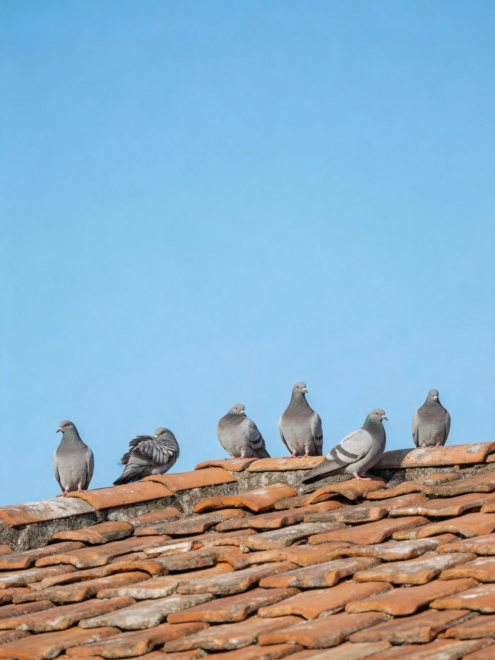 Six gray pigeons rest on an aged terracotta roof beneath clear blue sky