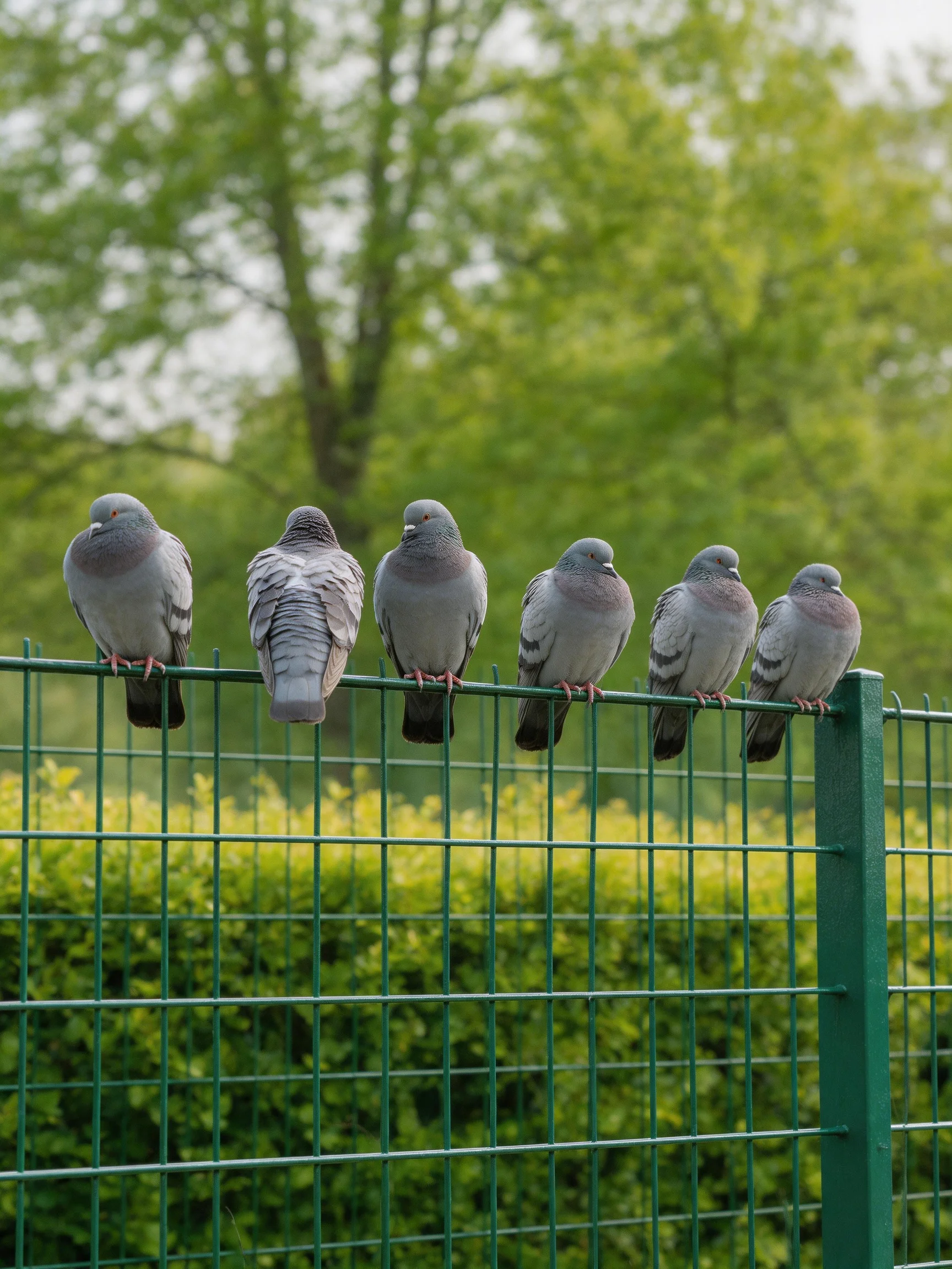 Six gray pigeons sit on a green metal fence near leafy trees