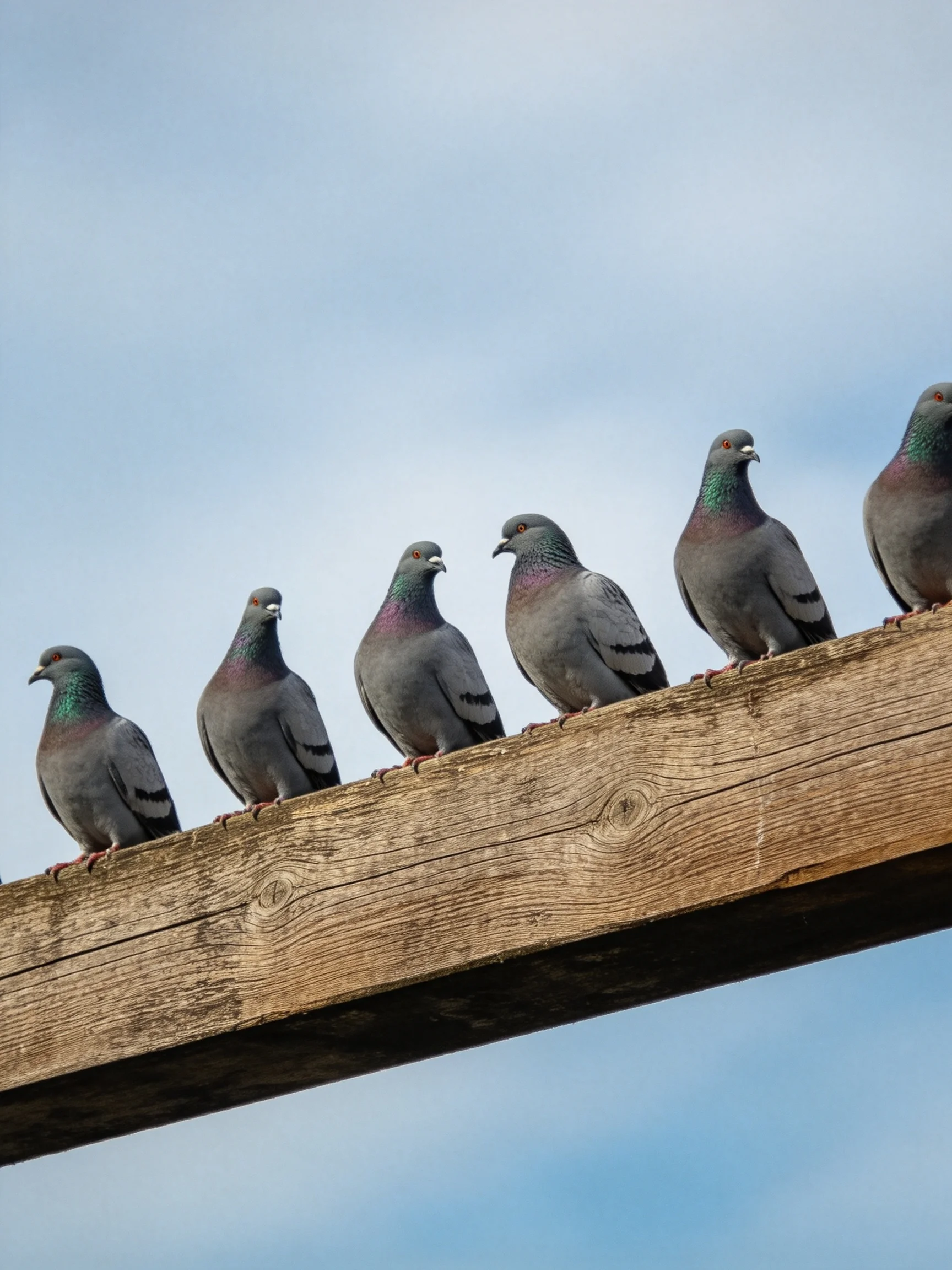 Six gray pigeons sit on a weathered wooden beam under a clear sky
