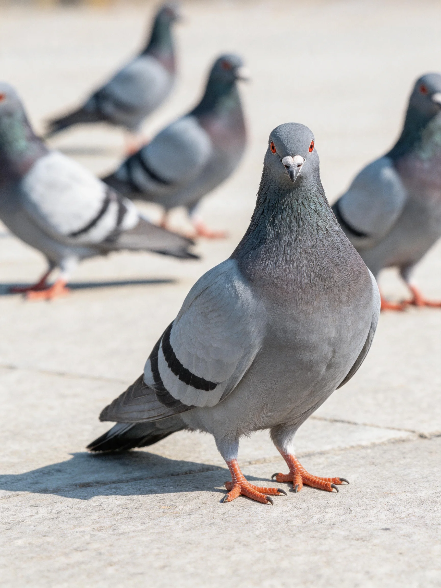 Six gray pigeons with black wing stripes on pavement paved area