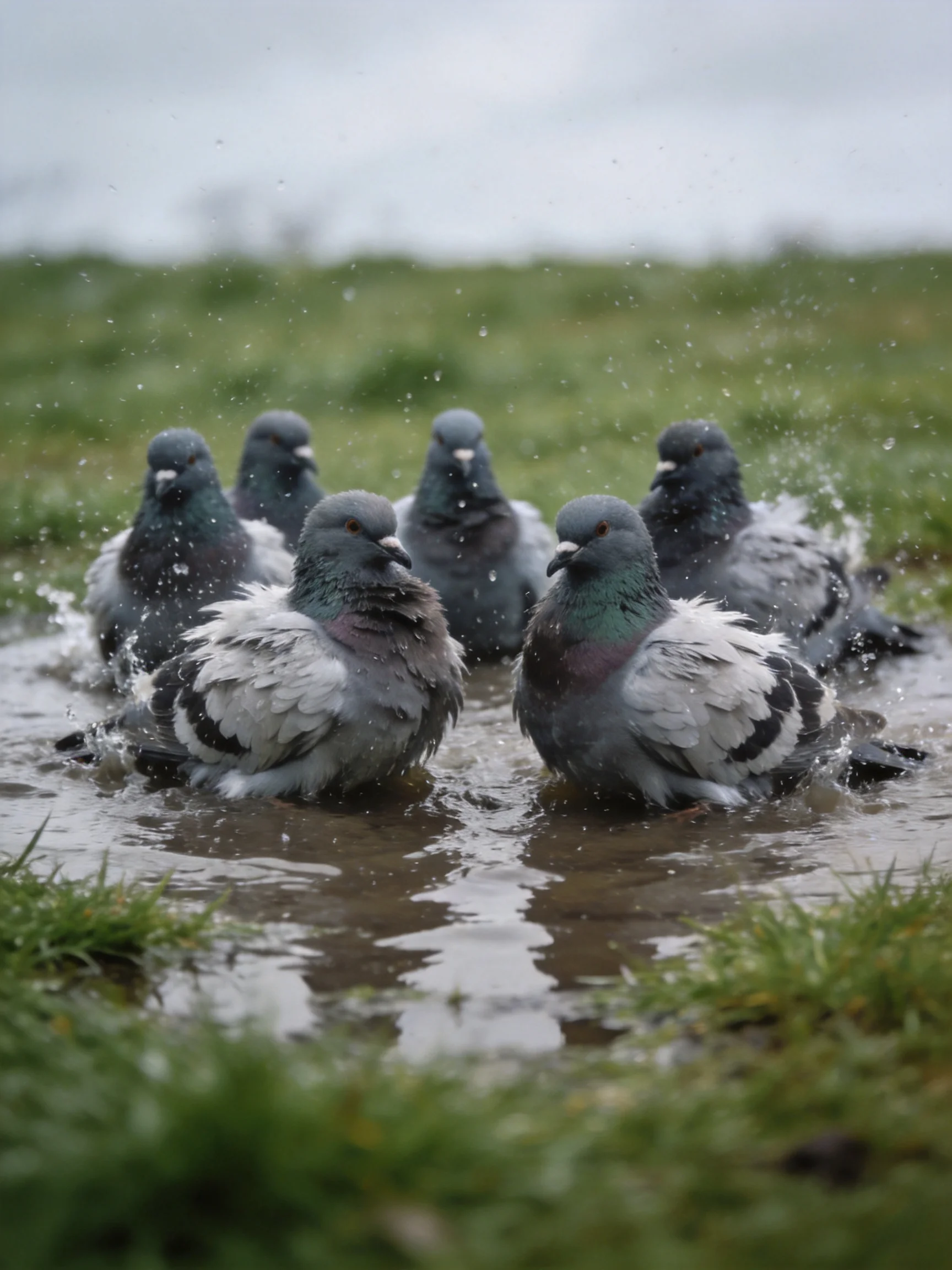 Six pigeons bathing in a muddy puddle on green grass