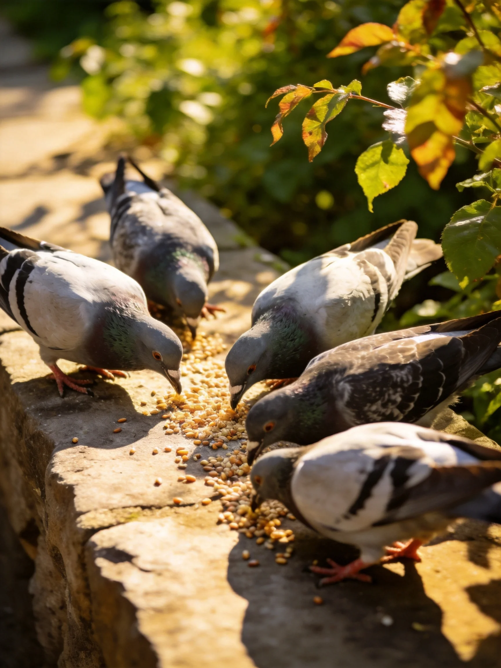 Six pigeons feeding on seeds along a weathered stone ledge