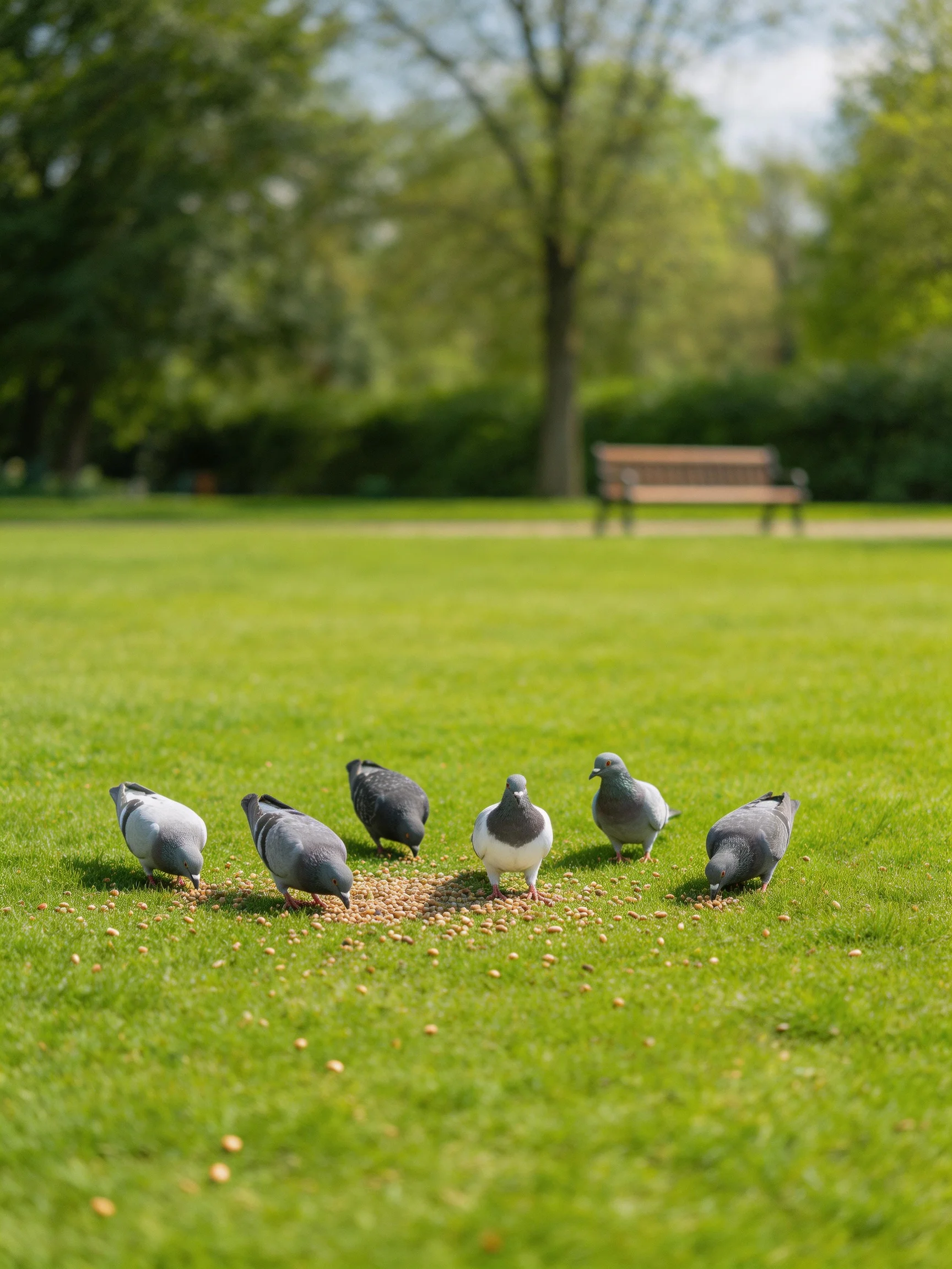 Six pigeons foraging on green grass near a wooden bench
