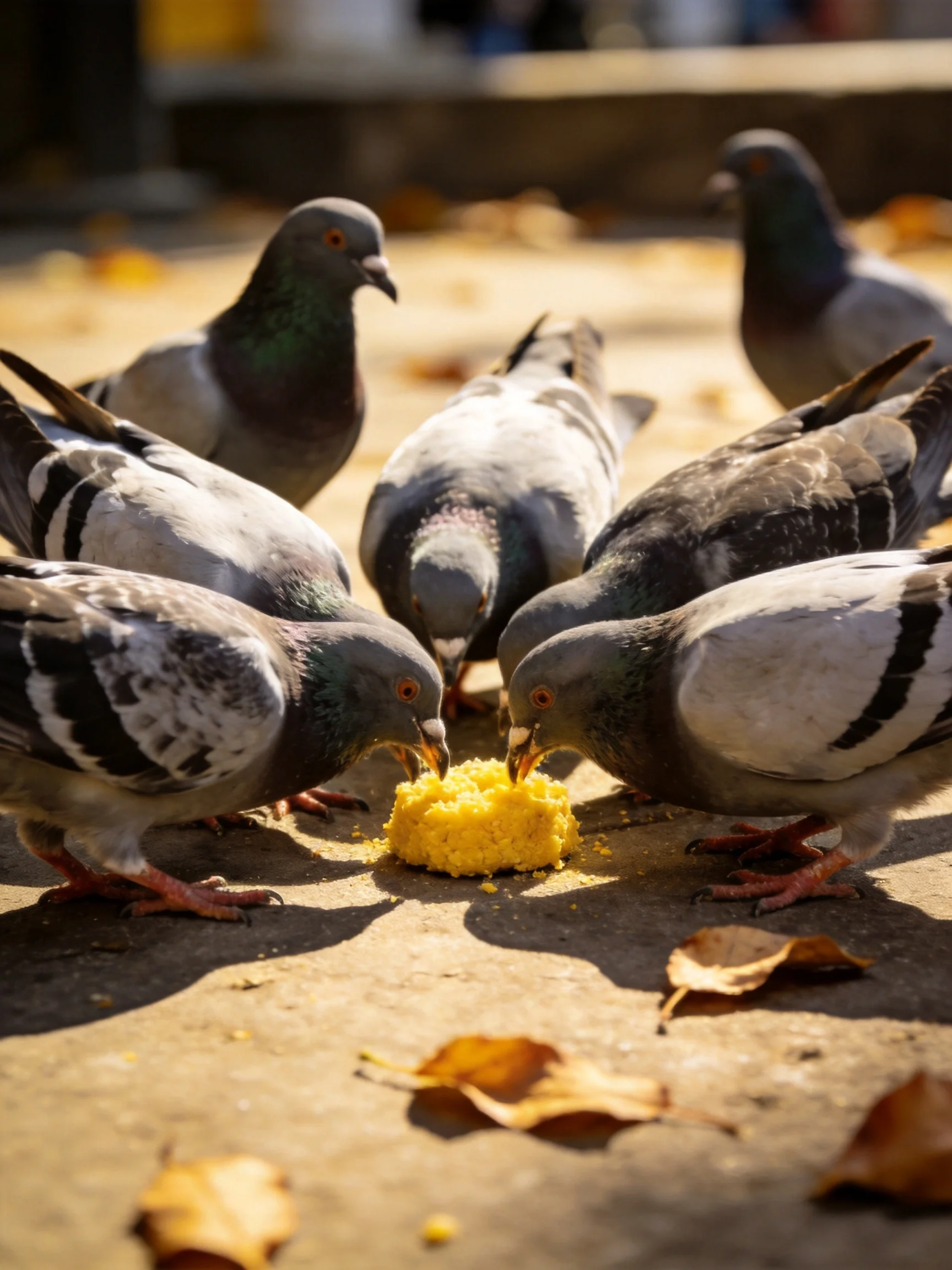 Six pigeons gather around a bright yellow food mound on a sunlit pavement