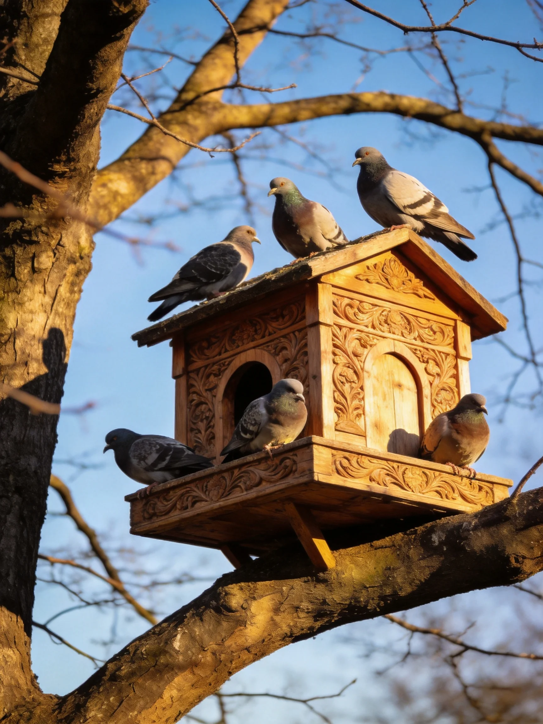 Six pigeons gather on an ornately carved wooden birdhouse attached to a tree