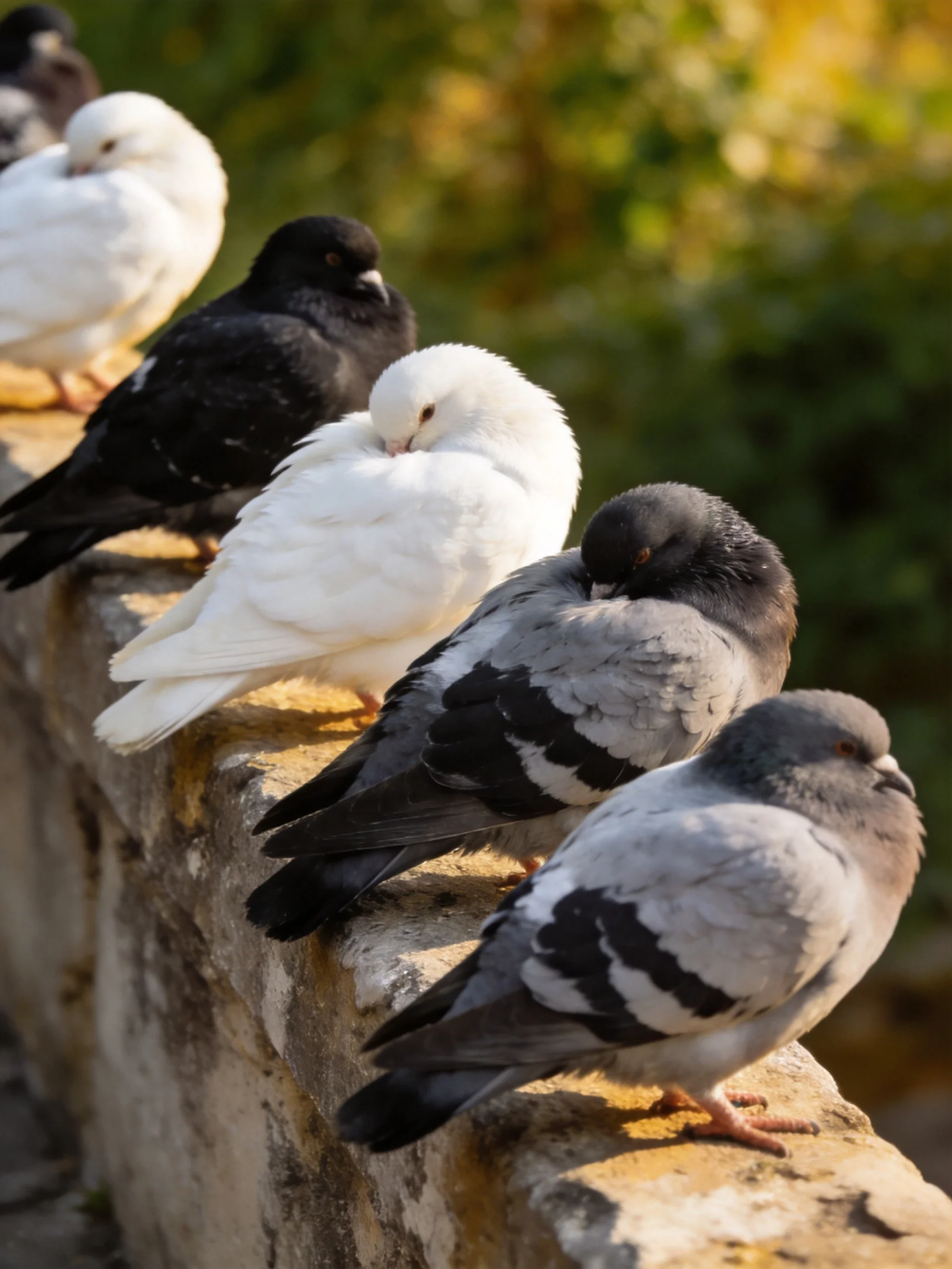 Pigeons of diverse colors rest on a stone ledge.