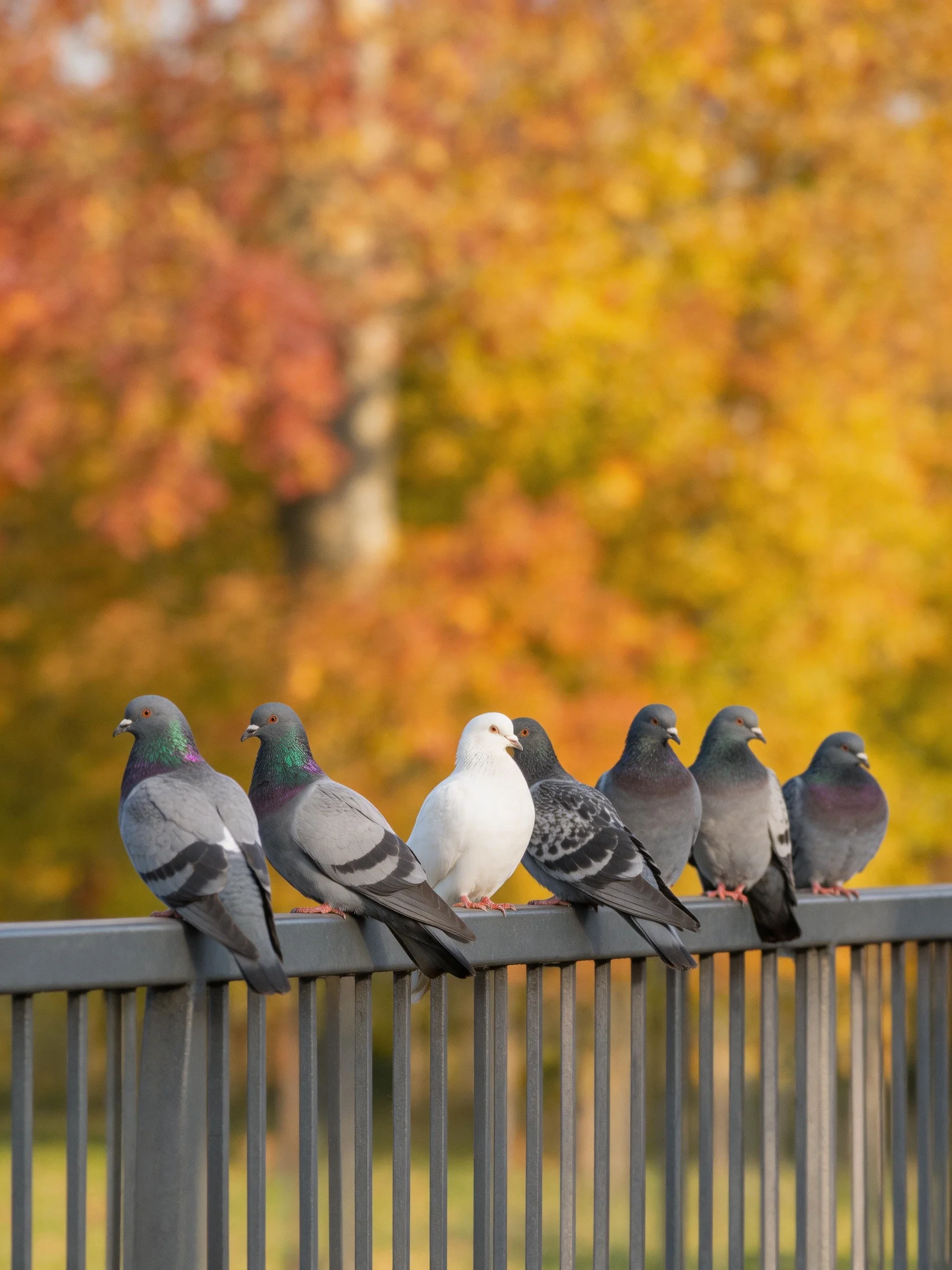 Six pigeons, including a white one, rest on a metal railing with autumn trees