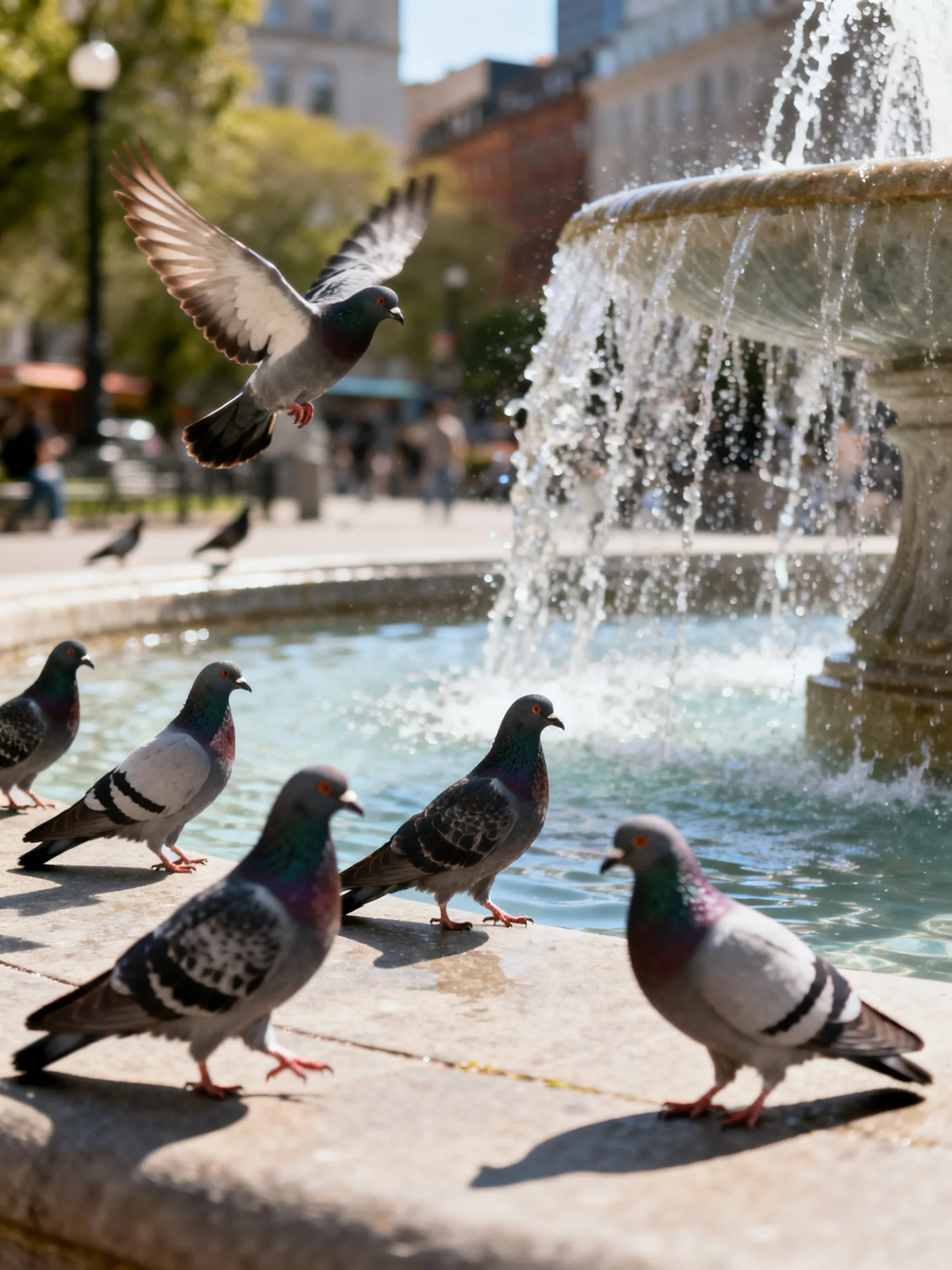 Six pigeons near a cascading stone fountain in a sunlit urban plaza