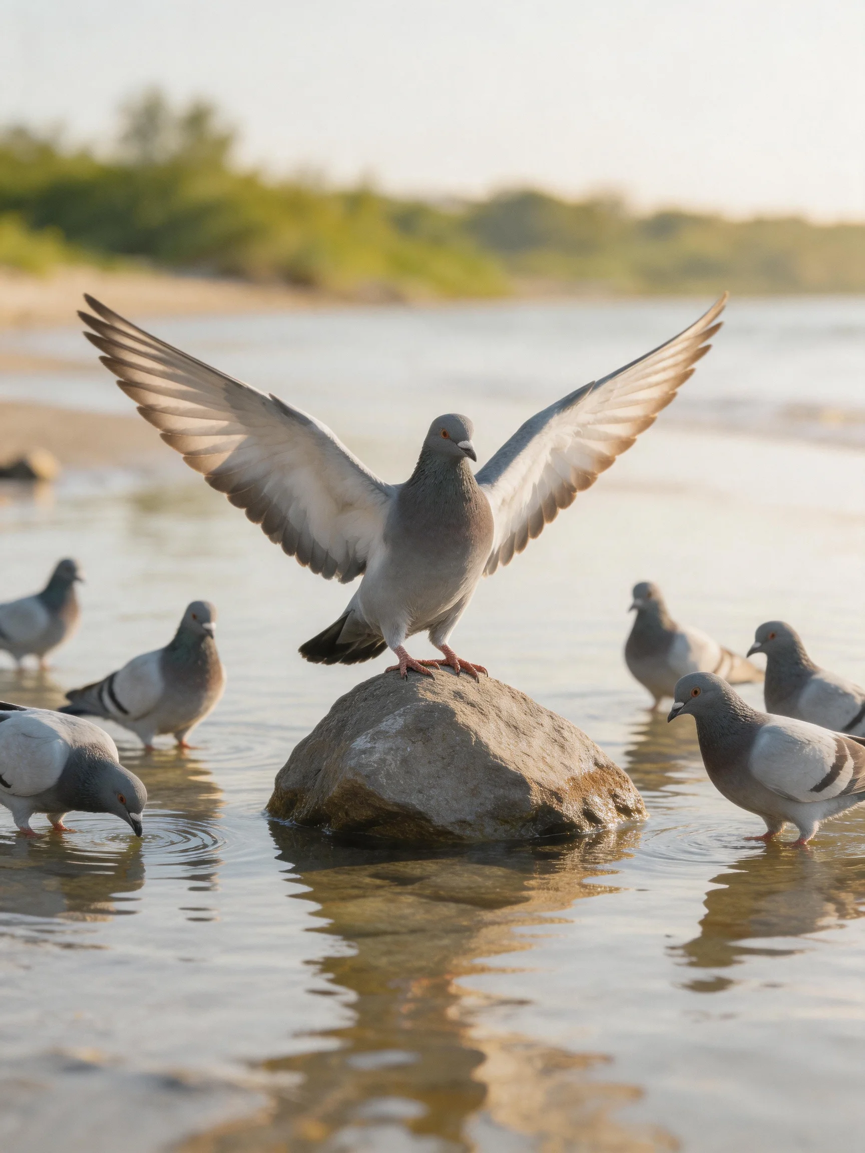 Six pigeons near a rock in shallow water by a sandy shore